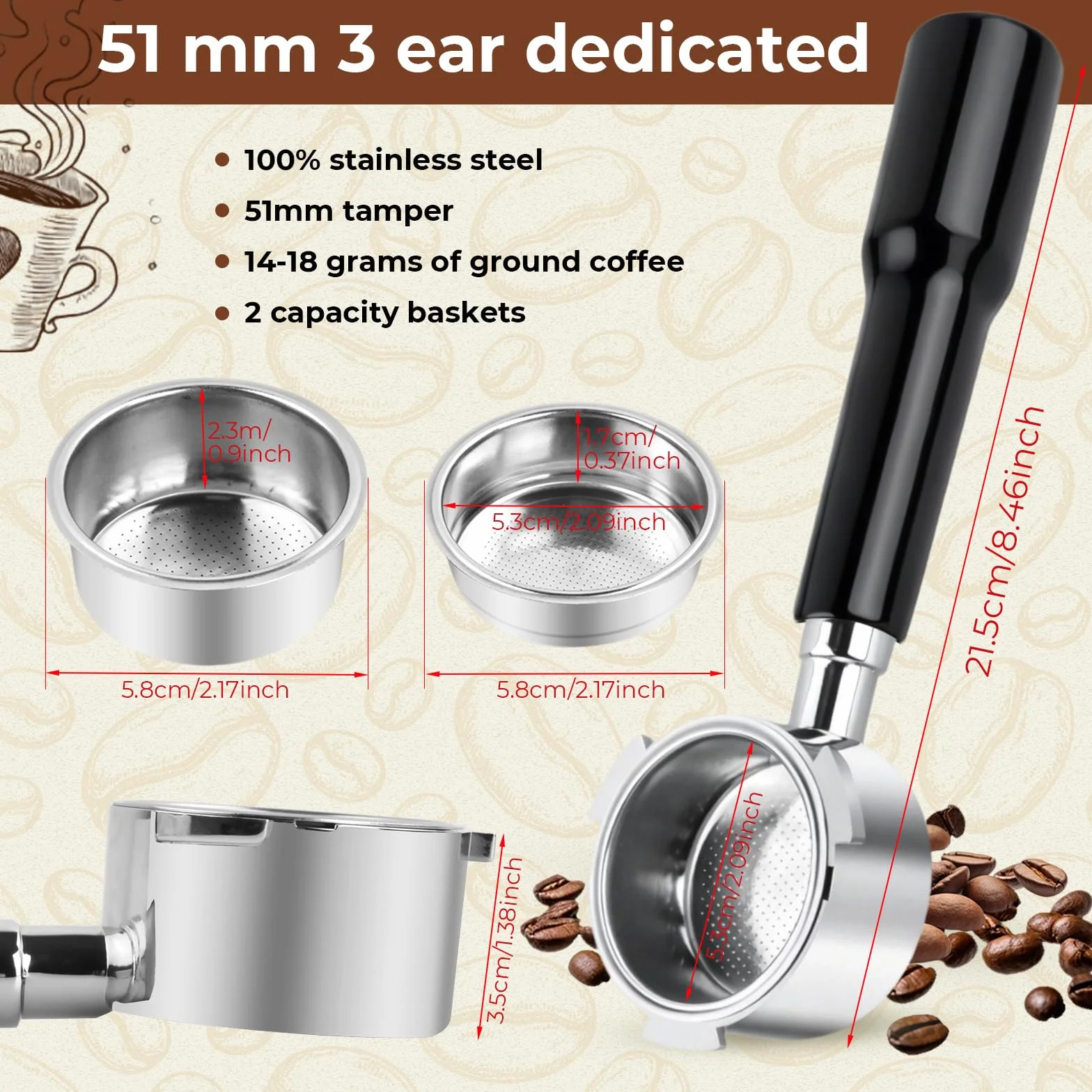 Portafiltro sin fondo de 51 mm con 3 Orejas Compatible con DeLonghi Dedica EC680/EC685/EC885, Portafiltro de Café con 2 Cesta de Filtro de Acero Inoxidable (Negro)