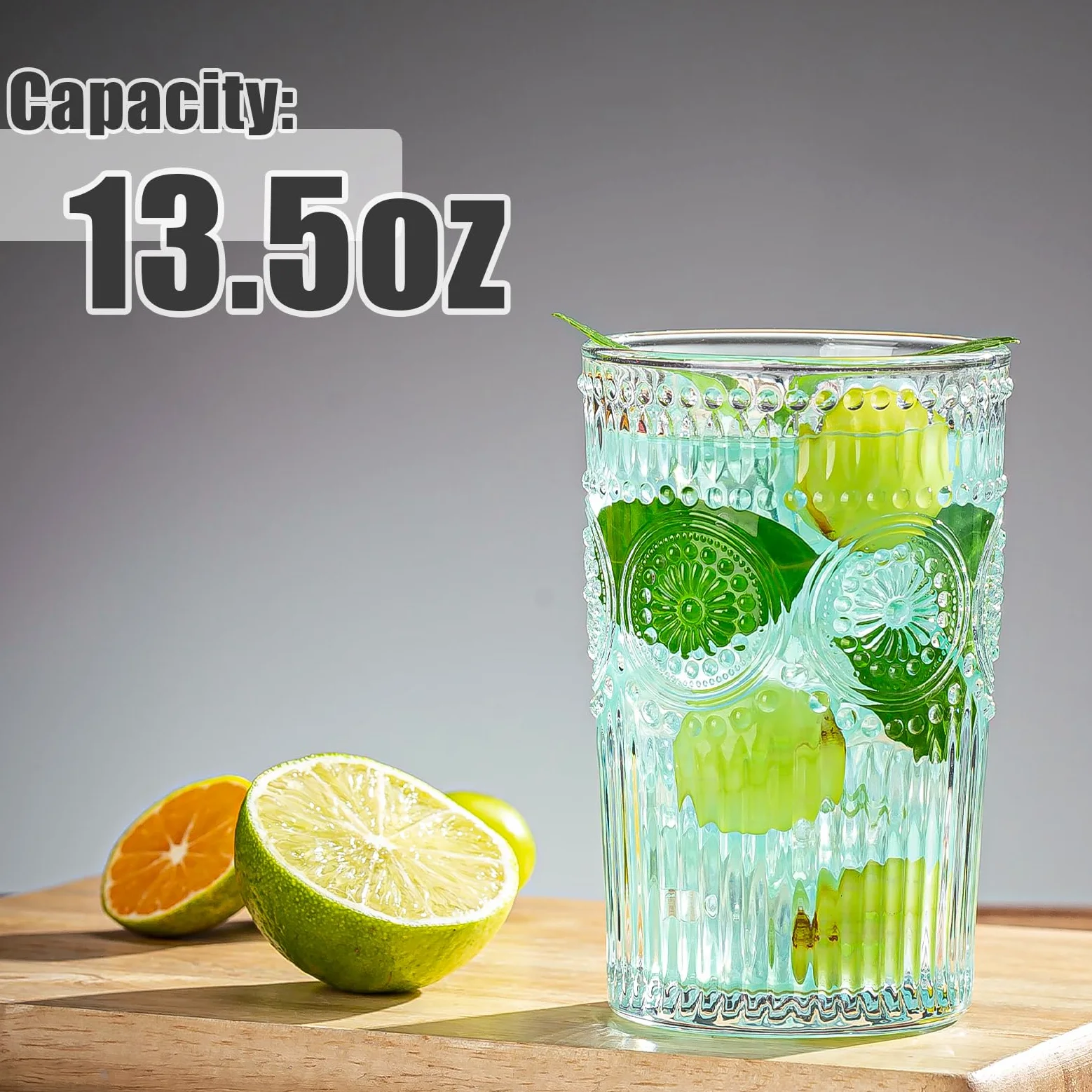 Juego de 8 vasos de cristal vintage de 13.5 onzas, duraderos para cócteles, agua, jugo, cerveza, vino, edición especial, vajilla, apto para lavavajillas