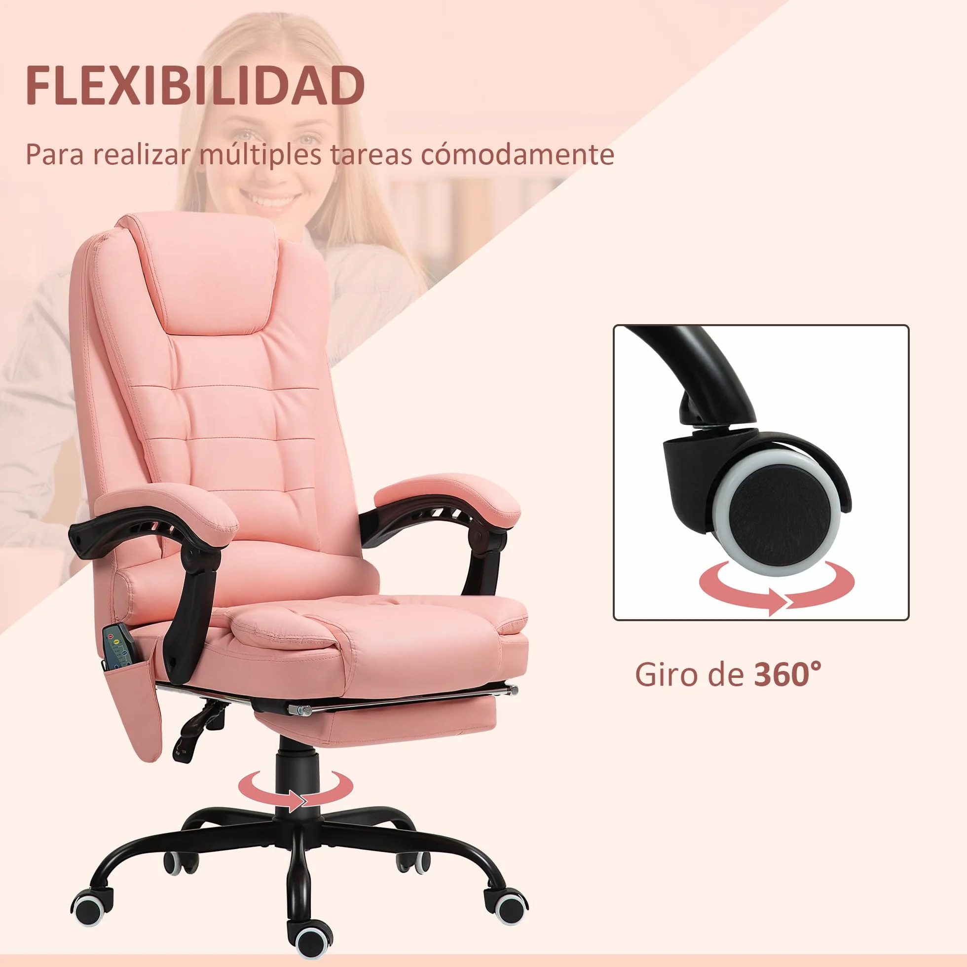 Vinsetto Silla de Oficina con 7 Puntos de Masaje Silla de Masaje Giratoria Silla de Escritorio con Reposapiés Retráctil Altura Ajustable Control Remoto y Tejido de PU Rosa