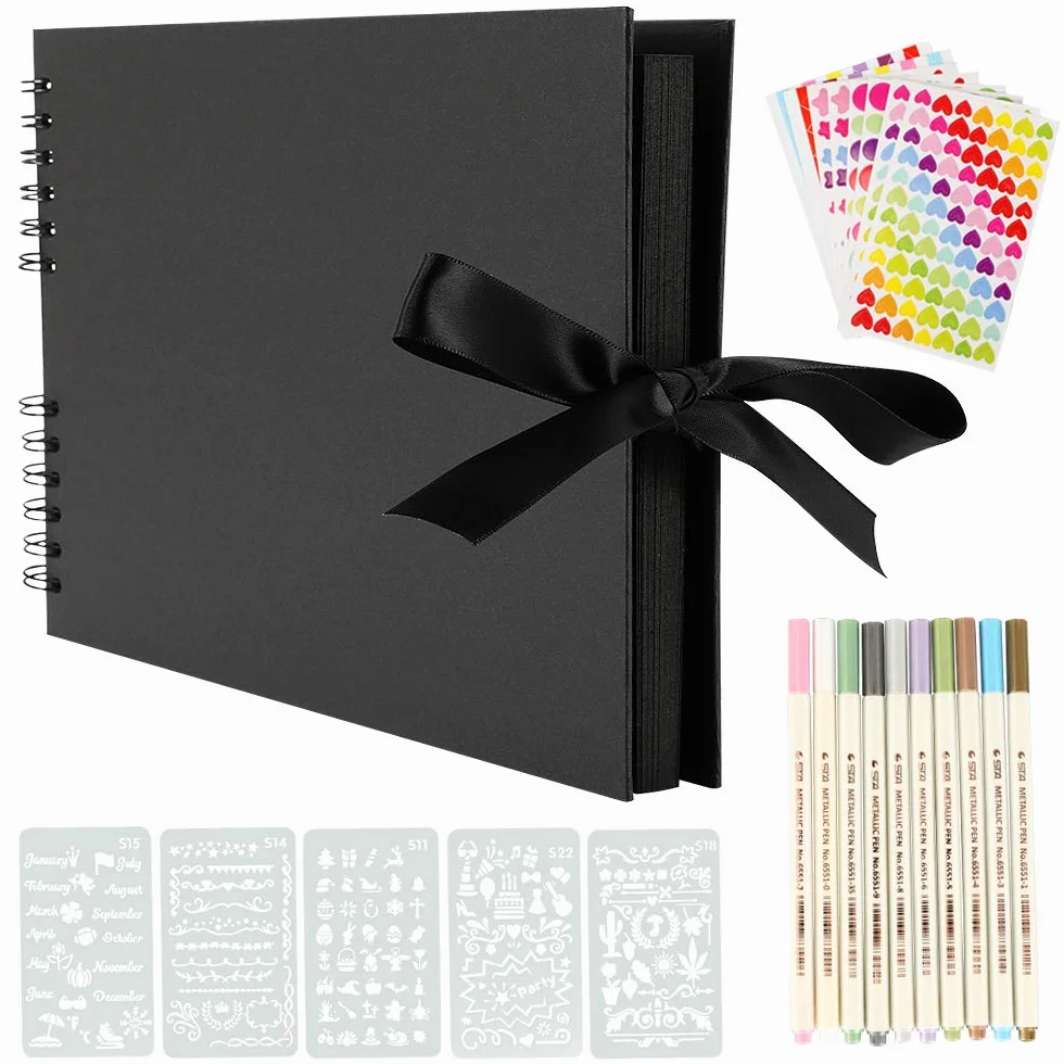 Album de Fotos para Pegar y Escribir Scrapbook, 80 Páginas Negras, DIY Scrapbooking Set con 10 rotuladores 5pcs Plantillas 6pcs Pegatinas y 2pcs Photo Corners, Original Regalos