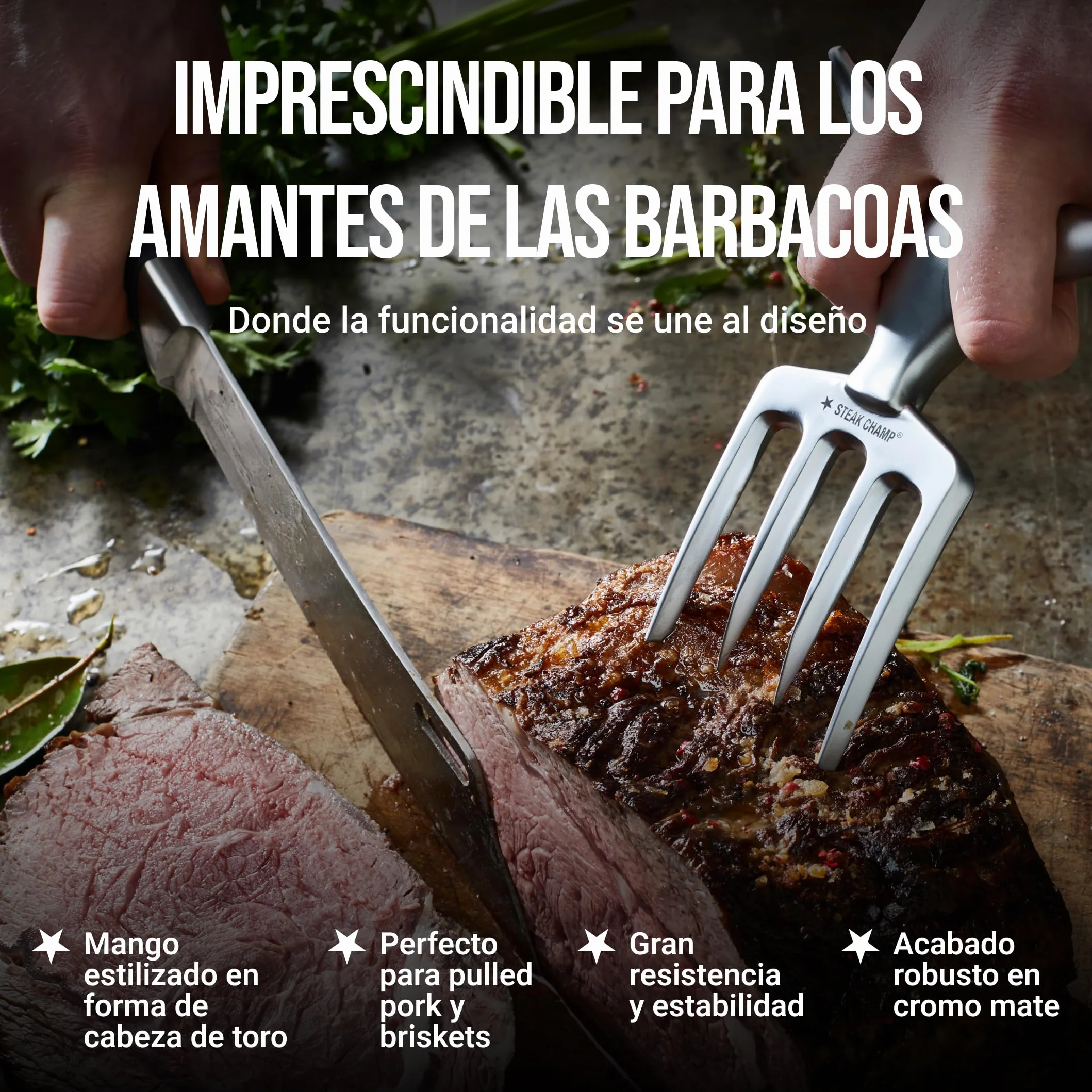 Tenedor de carne Steak Champ Bull Fork, 16,5 cm: Tenedor sólido para servir, cubiertos para trinchar, con aleación de zinc, cromado, apto para lavavajillas