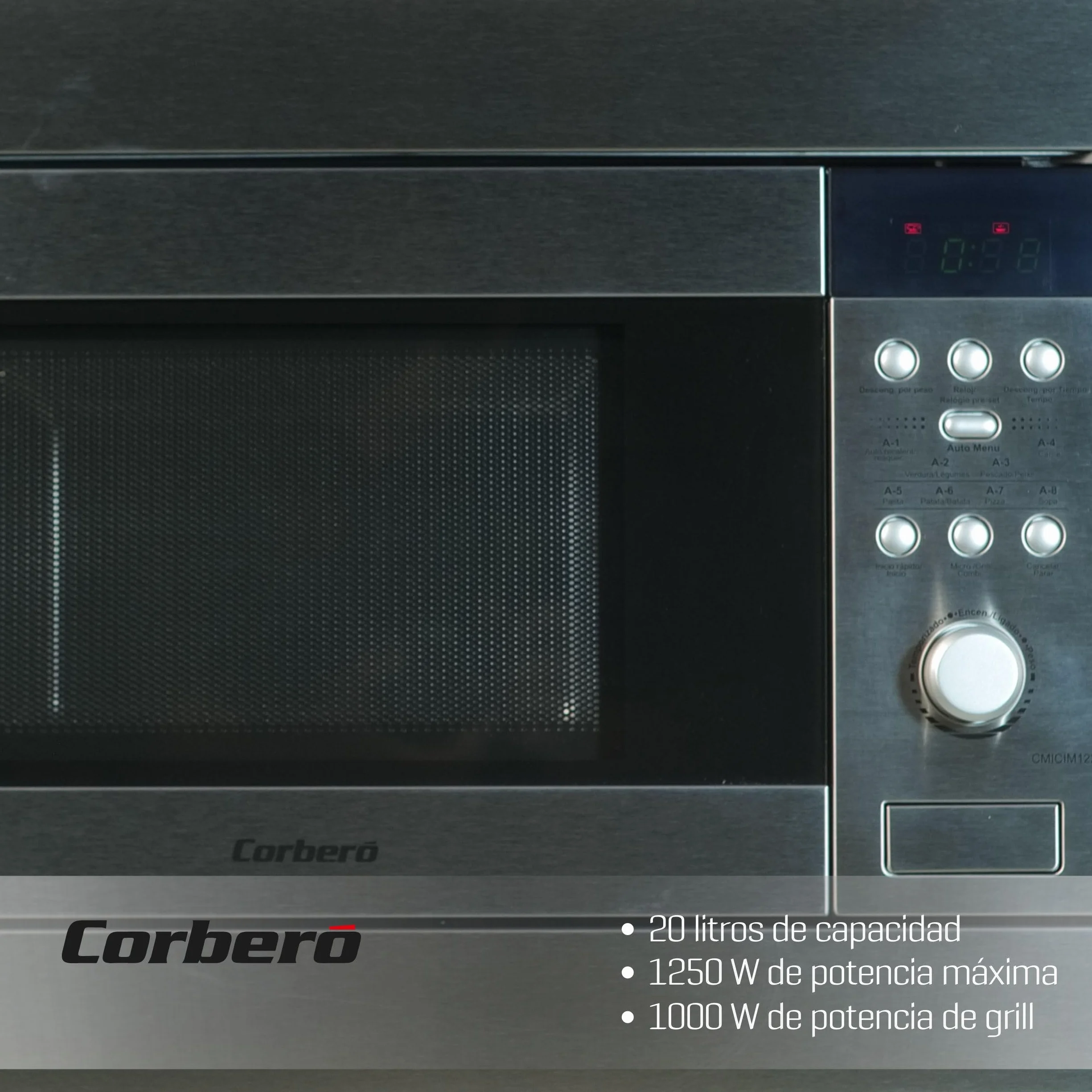 Corberó - Microondas Integrable | CMICIM122 | 20L | 800W | Easy-Tronic | Auto Menú | Descongelar | Grill | Cocina Exprés | 9 Niveles Potencia | Plato Giratorio 245mm | Con Marco | Inox