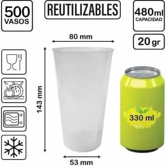 500 uds Granel - Vaso Cocktail 480 ml Reutilizable Ligero - Polipropileno (PP) - Color traslúcido - Vaso ecológico Libre de BPA, Ideal para Cerveza, cubatas, Agua