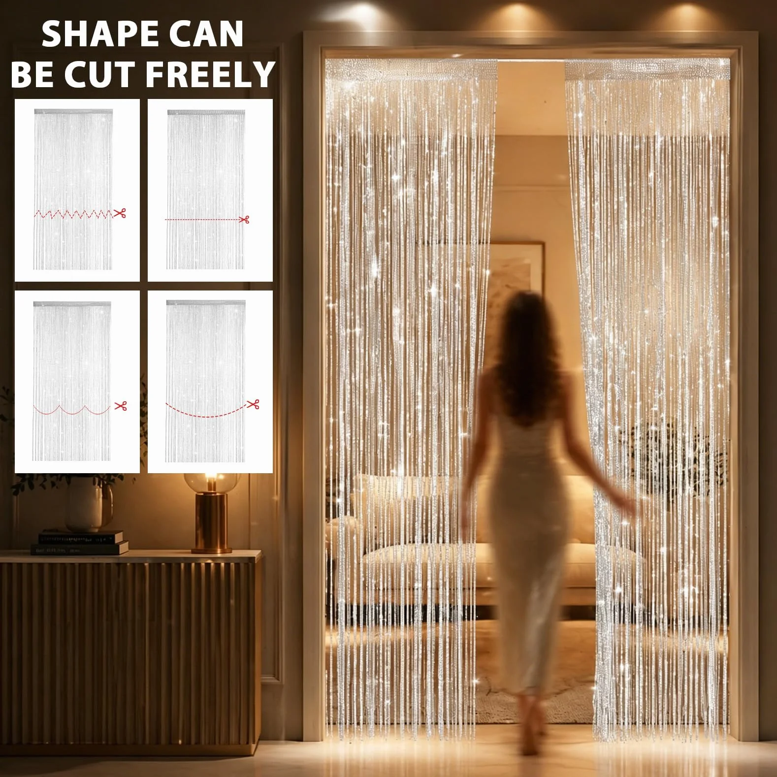 Juego de 4 cortinas de hilos con purpurina, 100 x 200 cm, para puertas y separadores de habitaciones, para bodas, cafetería y balcón, protección contra insectos y decoración en uno (blanco)