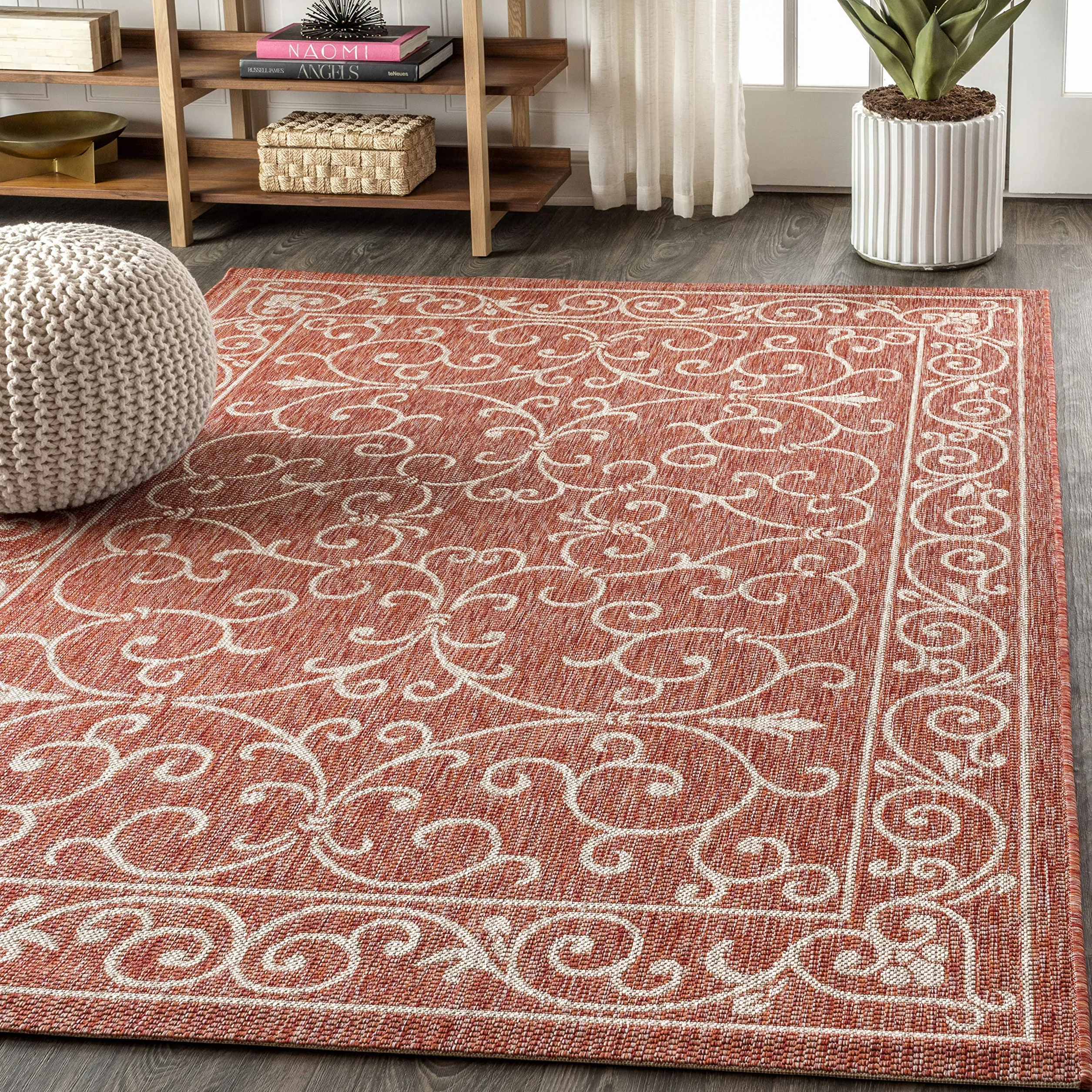 JONATHAN Y SMB106B-8 Charleston Alfombra Exterior Interior Textura Tejido Filigrana Vintage, Fácil de Limpiar, Habitación, Cocina, 240 cm x 300 cm, Rojo/Beige