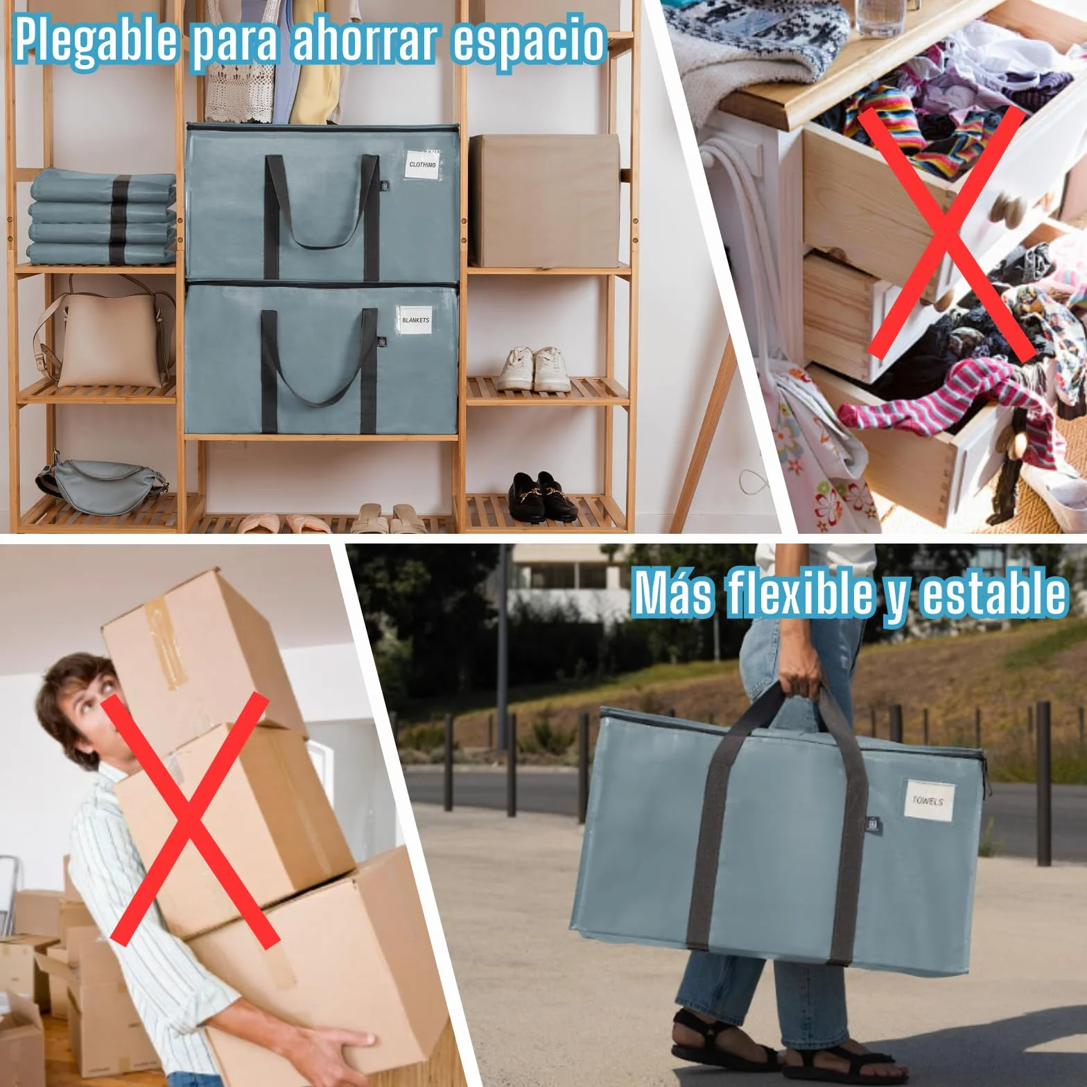 VENO Bolsas de mudanza extra grandes con cremalleras & Asas de Transporte, Cajas de Mudanza Resistentes para Ahorrar Espacio(Azul Claro,Pack de 4)