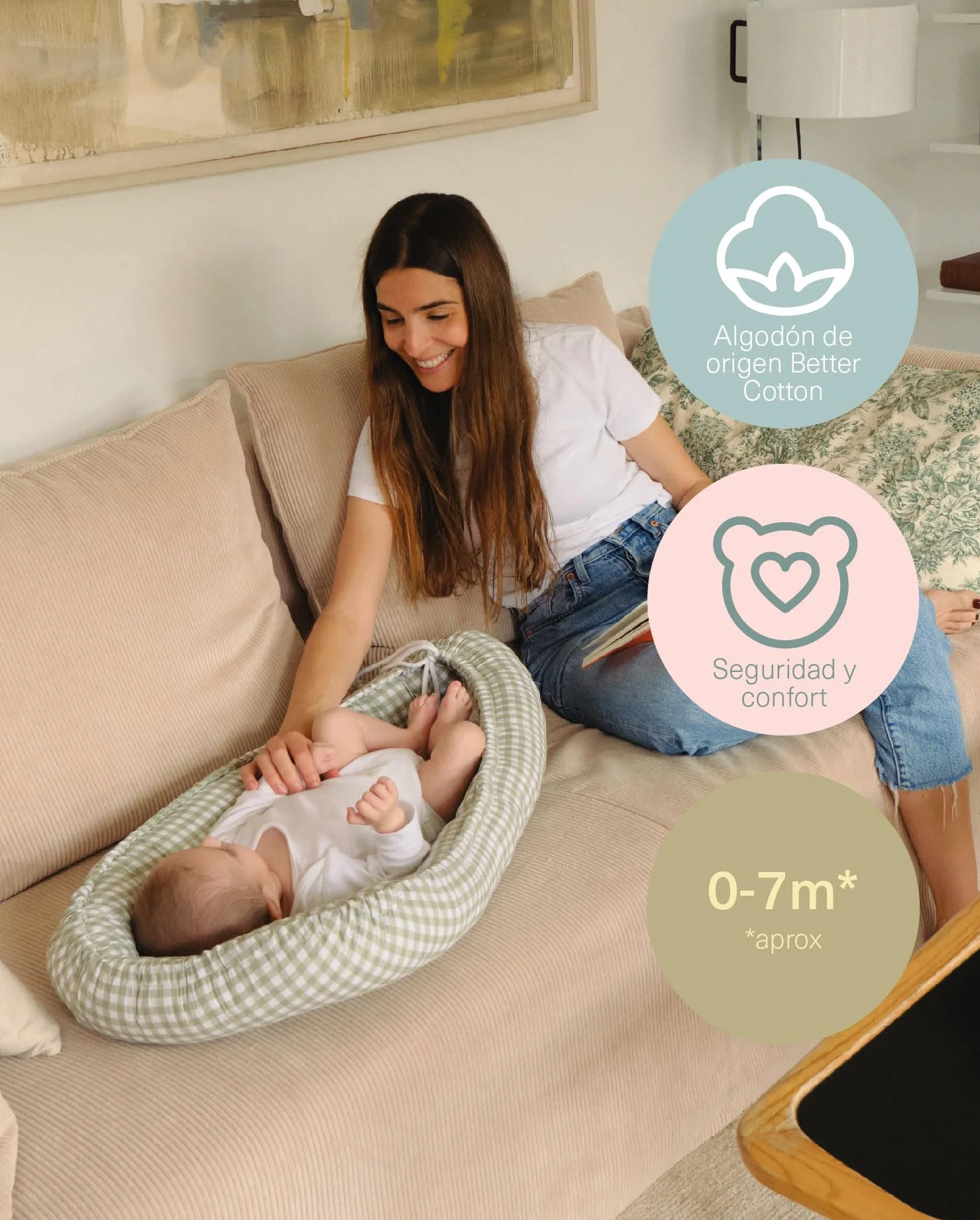 molis&co. Nido de Bebé 90 x 50 cm. Reductor de Cuna o Nido de Colecho para Bebe. Algodón. Cuna Portátil o de Viaje para recién Nacido. Mint Tea. Oeko-Tex 100.
