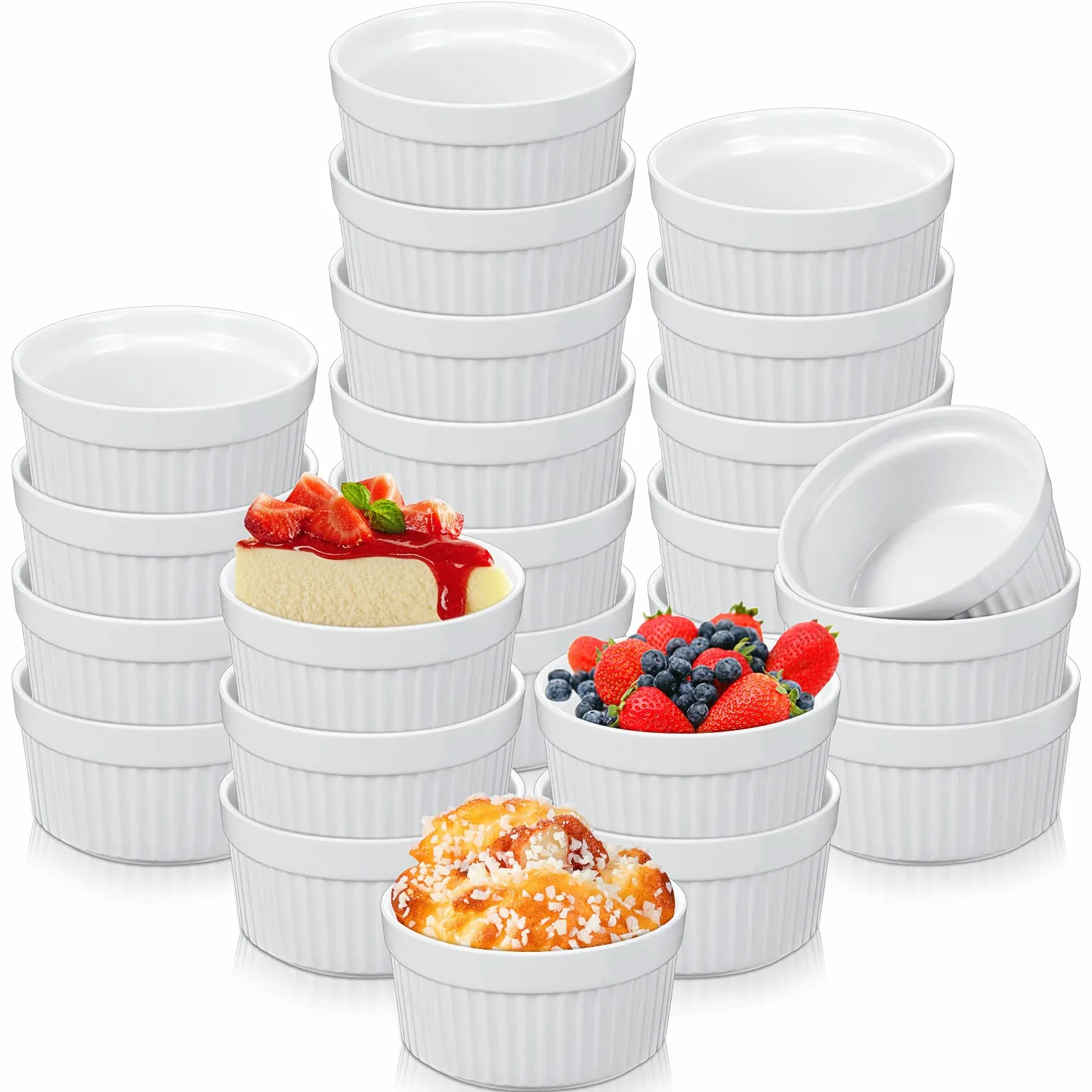 Juego de 24 ramequines de porcelana aptos para horno, ramequines clásicos para hornear, crema brulee, souffle, aperitivos, natillas, pudín, cuenco de inmersión, blanco (4 onzas)