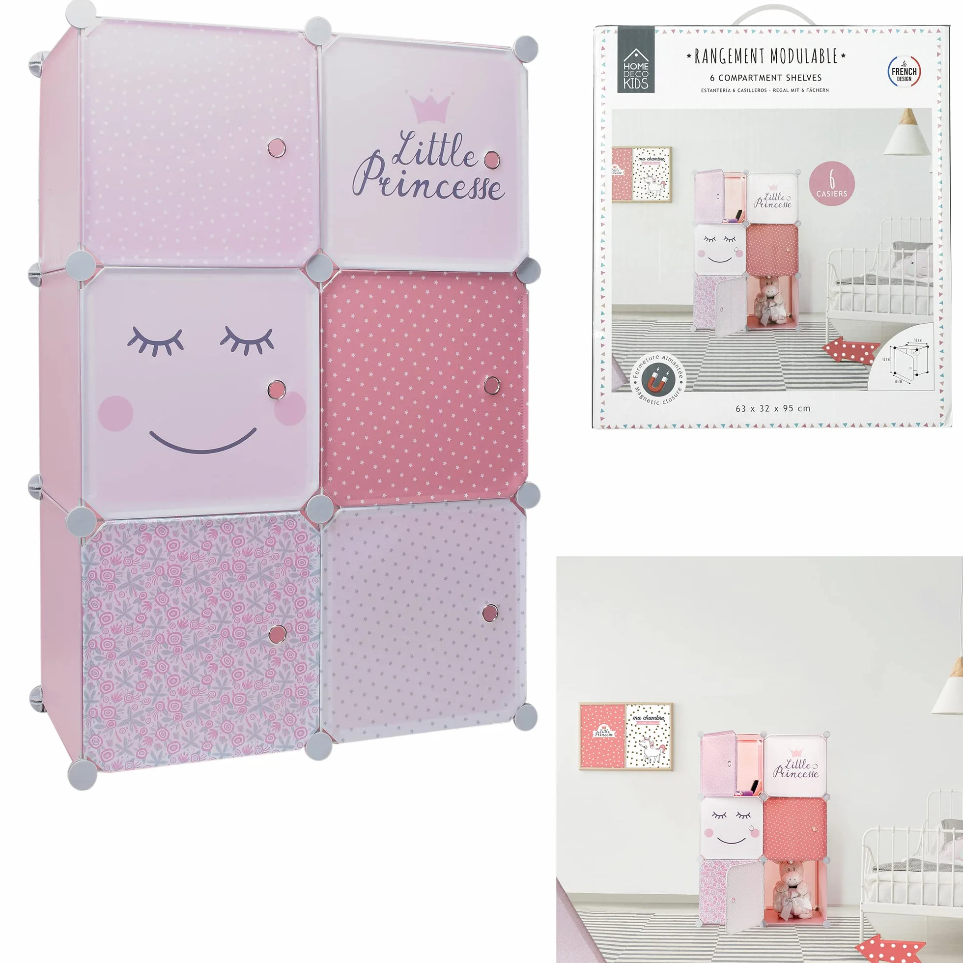 HOME DECO KIDS Armario modulable 6 Cubos Rosa 60x30x90cm