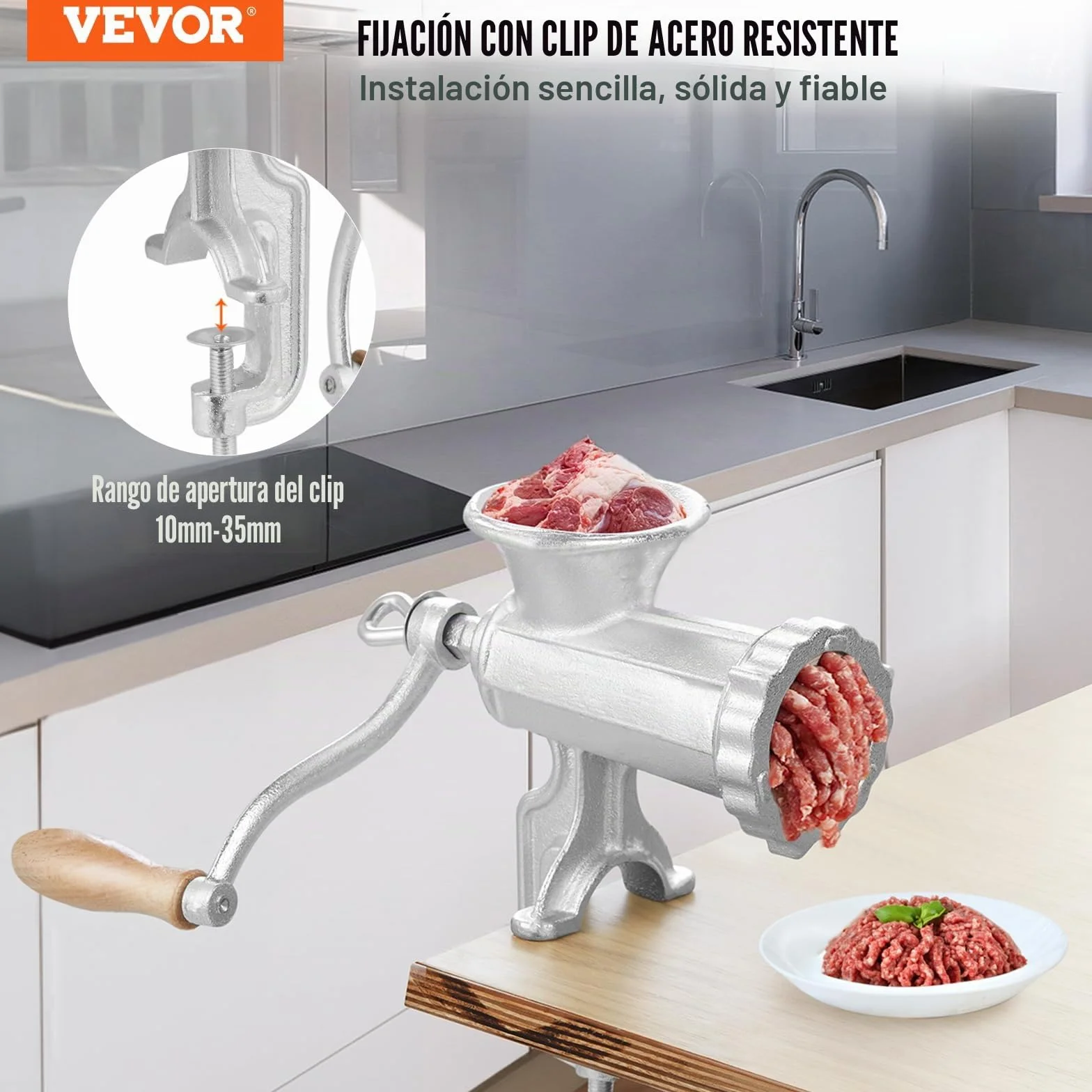 VEVOR Picadora de Carne Manual de Hierro Fundido Picadora Manual de Manivela 2 Placas de Picado de 5 y 8 mm Empujador de Salchichas Fijación Firme Mediante Abrazadera para Carnicería a Domicilio
