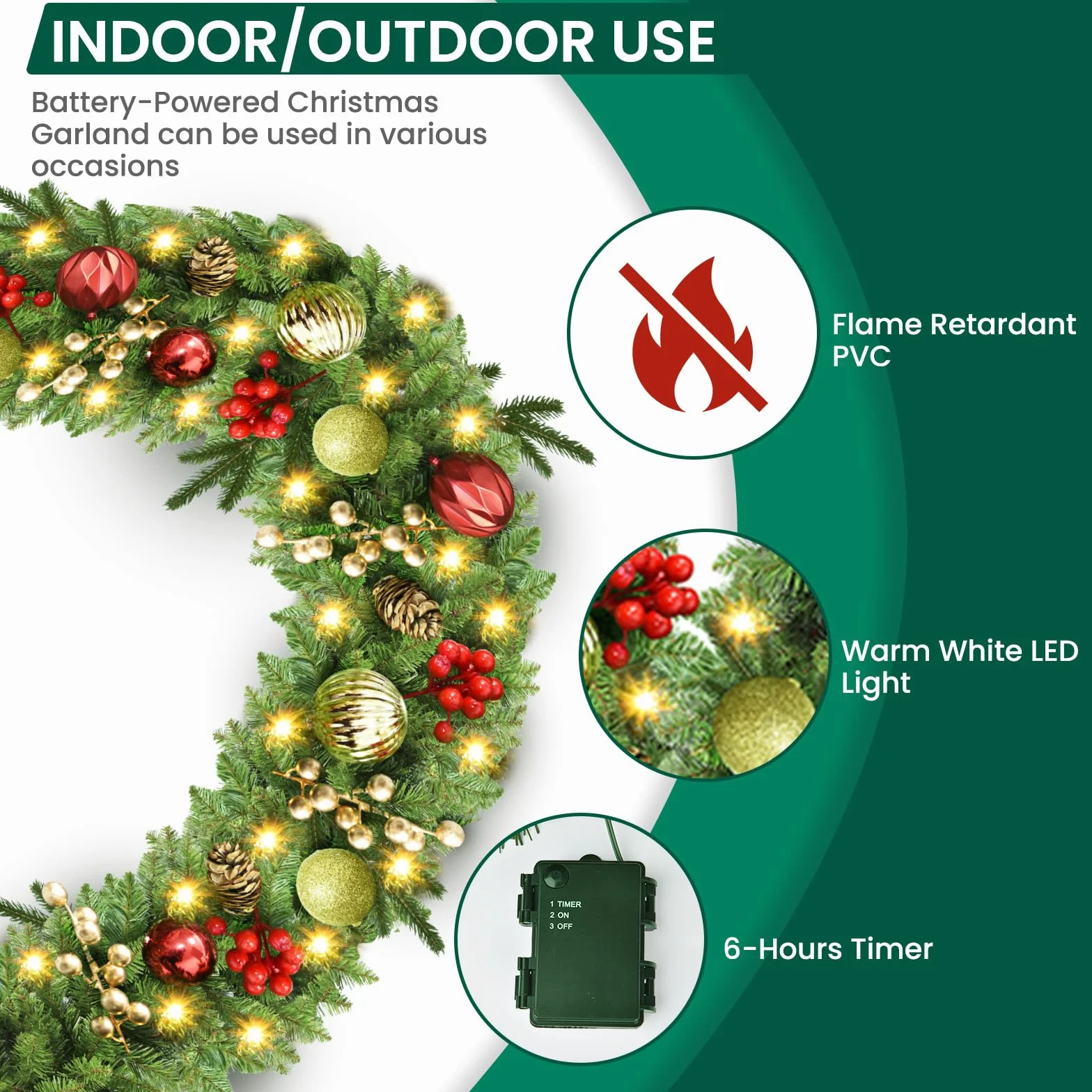 Guirnalda Navidad, 2,7m 30LED Guirnaldas Navideñas con Luces, Navidad Decoración, Adornos Navideños, Decoracion para Exterior, Escaleras, Chimenea, Puerta de Entrada Patio y Jardín