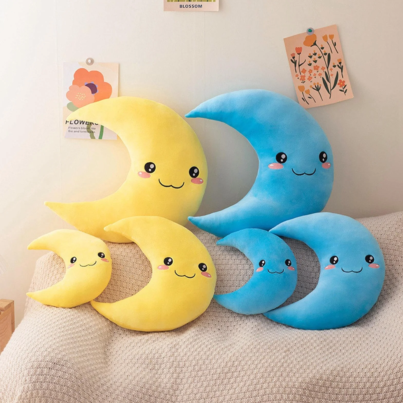 Cojín decorativo para habitación infantil de luna, 25 cm, almohada de peluche para bebé, cara sonriente bordada