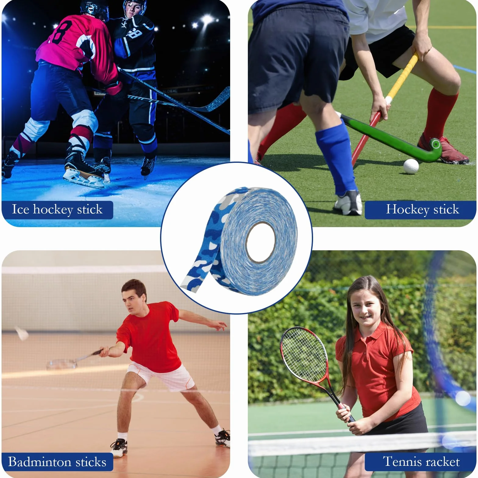 Cinta de Hockey Rollo 2.5cm*25m Adhesiva para Palo de Hockey sobre Hielo, Raquetas de Squash Tenis Bádminton Golf