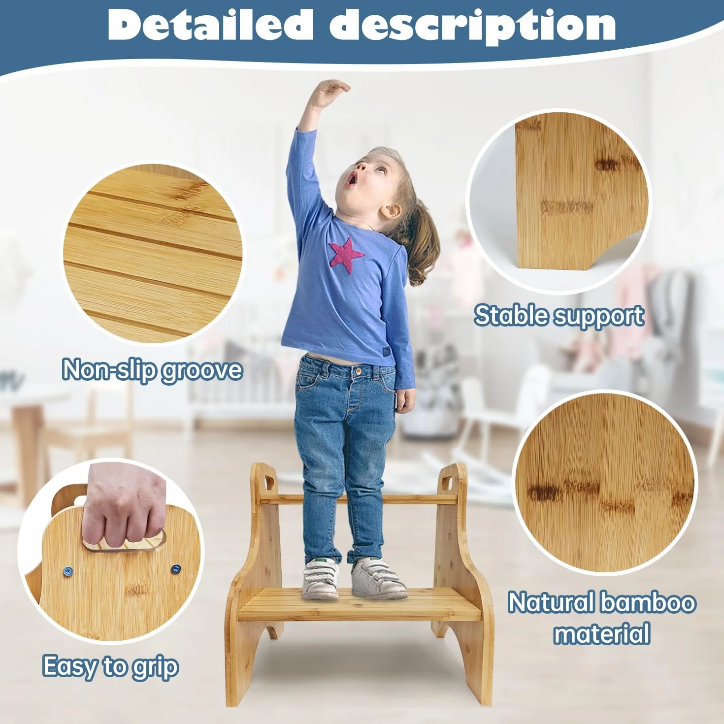 Taburete Infantil Bambú 2 Peldaños 80 kg Antideslizante Asas Portátiles