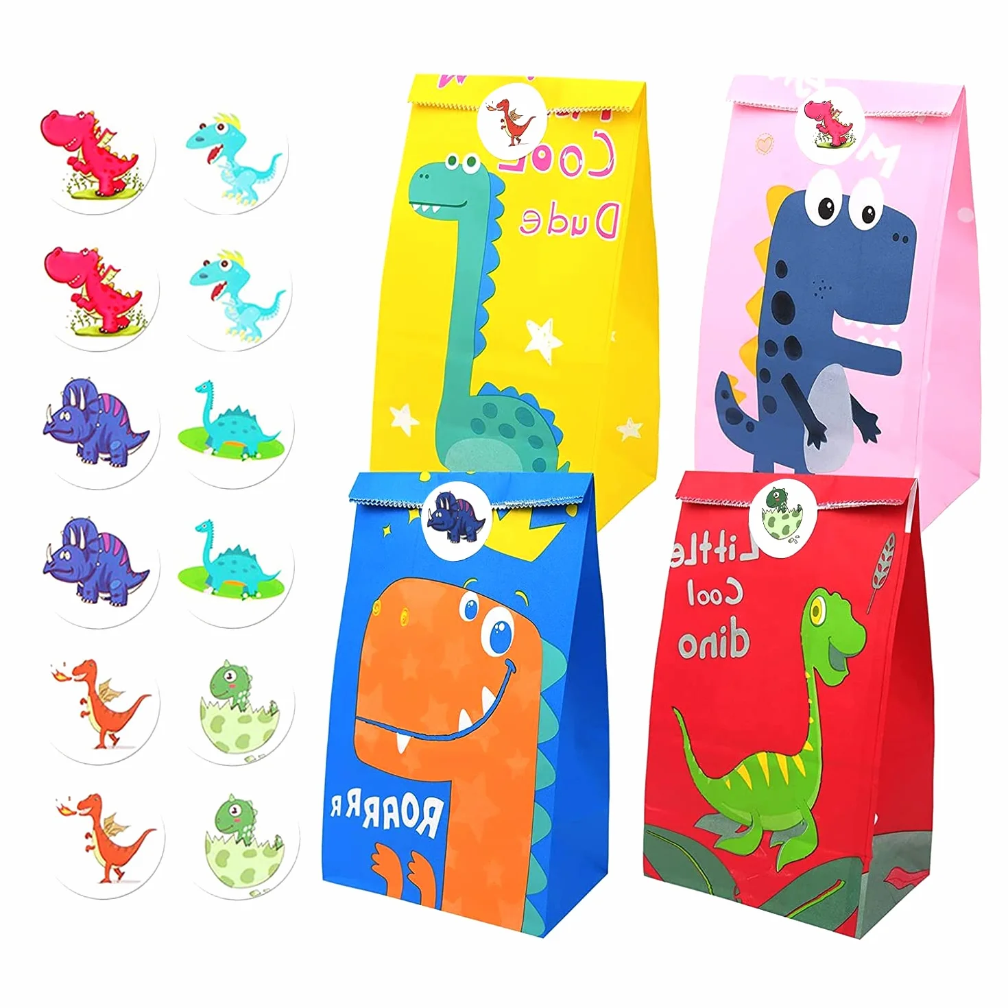 OPPLESIN Bolsas Chuches Cumpleaños Infantil,40 PCS Bolsas para Chuches de Dinosaurios con 48 Pegatinas para Regalos, Fiestas Infantiles, Bolsas Cumpleaños Infantil (13 * 8 * 24cm)