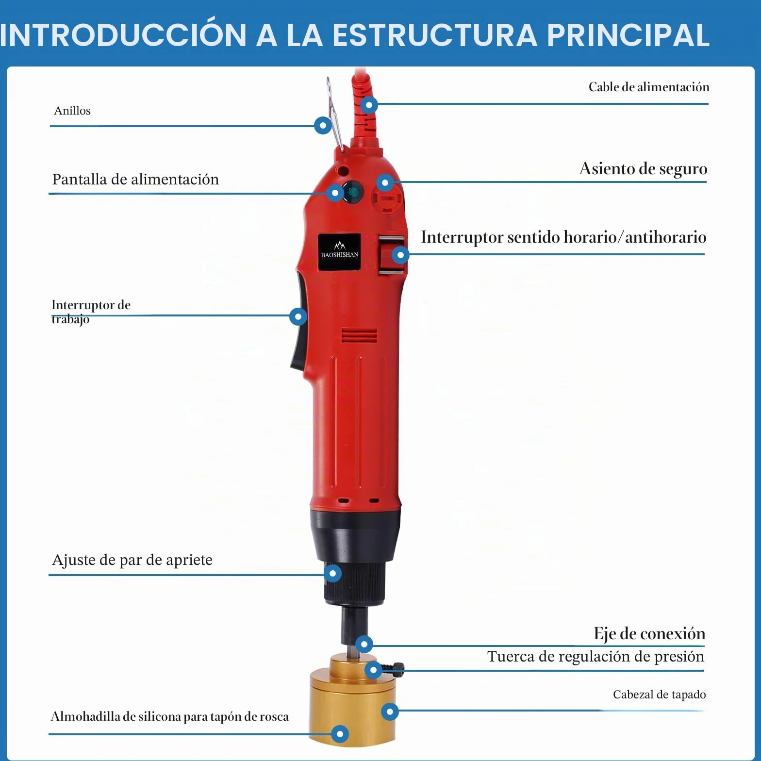 BAOSHISHAN Máquina taponadora de botellas eléctrica de mano Taponadora de rosca manual Sellador automático para tapones de botellas para tapones de botellas de φ10-30 mm