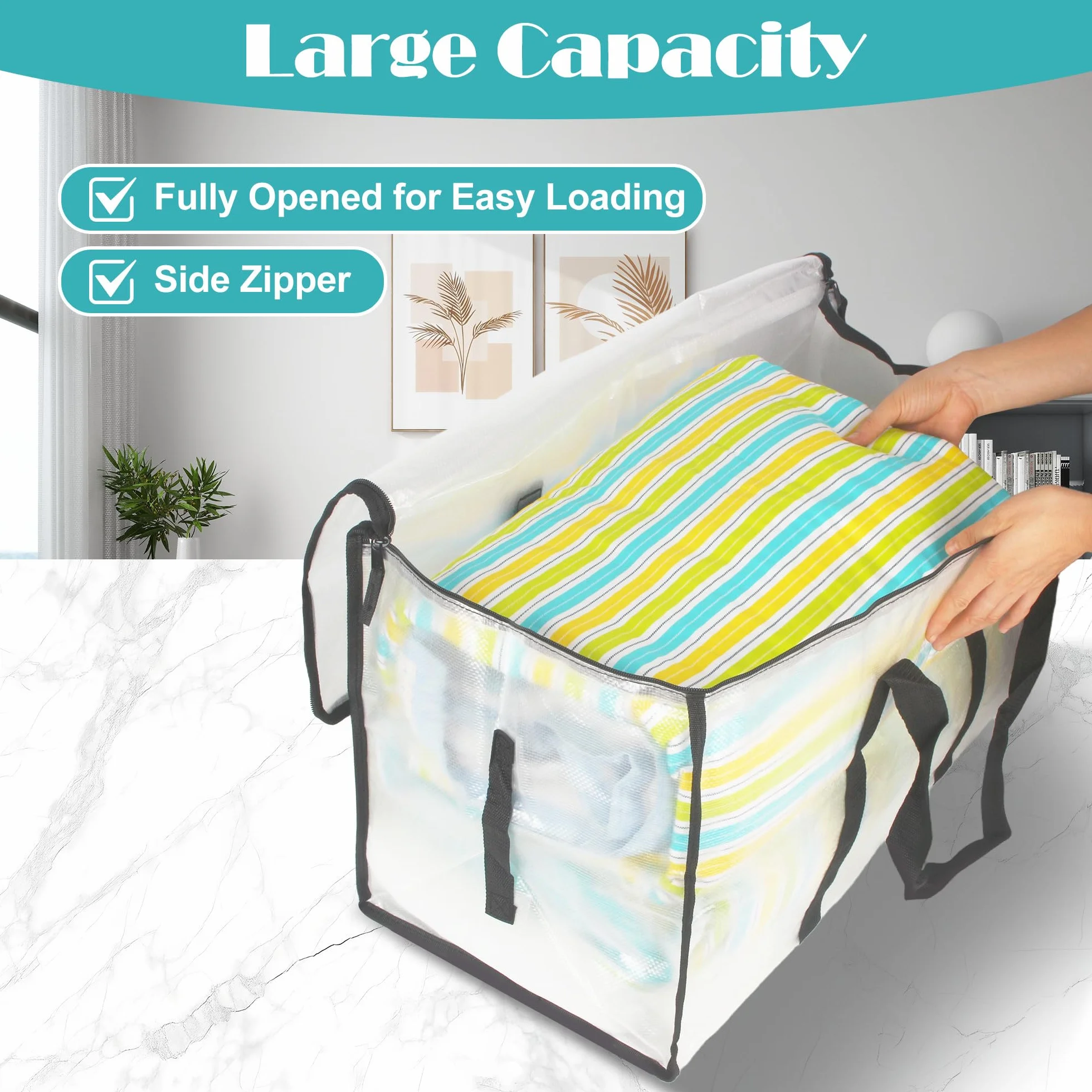 Pack de 4 Bolsas de Mudanza,90L Bolsas de Almacenamiento, Bolsas Mudanza Ropa, Transparente Almacenamiento de Ropa Grande, Bolsa de Viaje con Bolsillo para Etiqueta, Bolsa de Mudanza con Asa para Gua