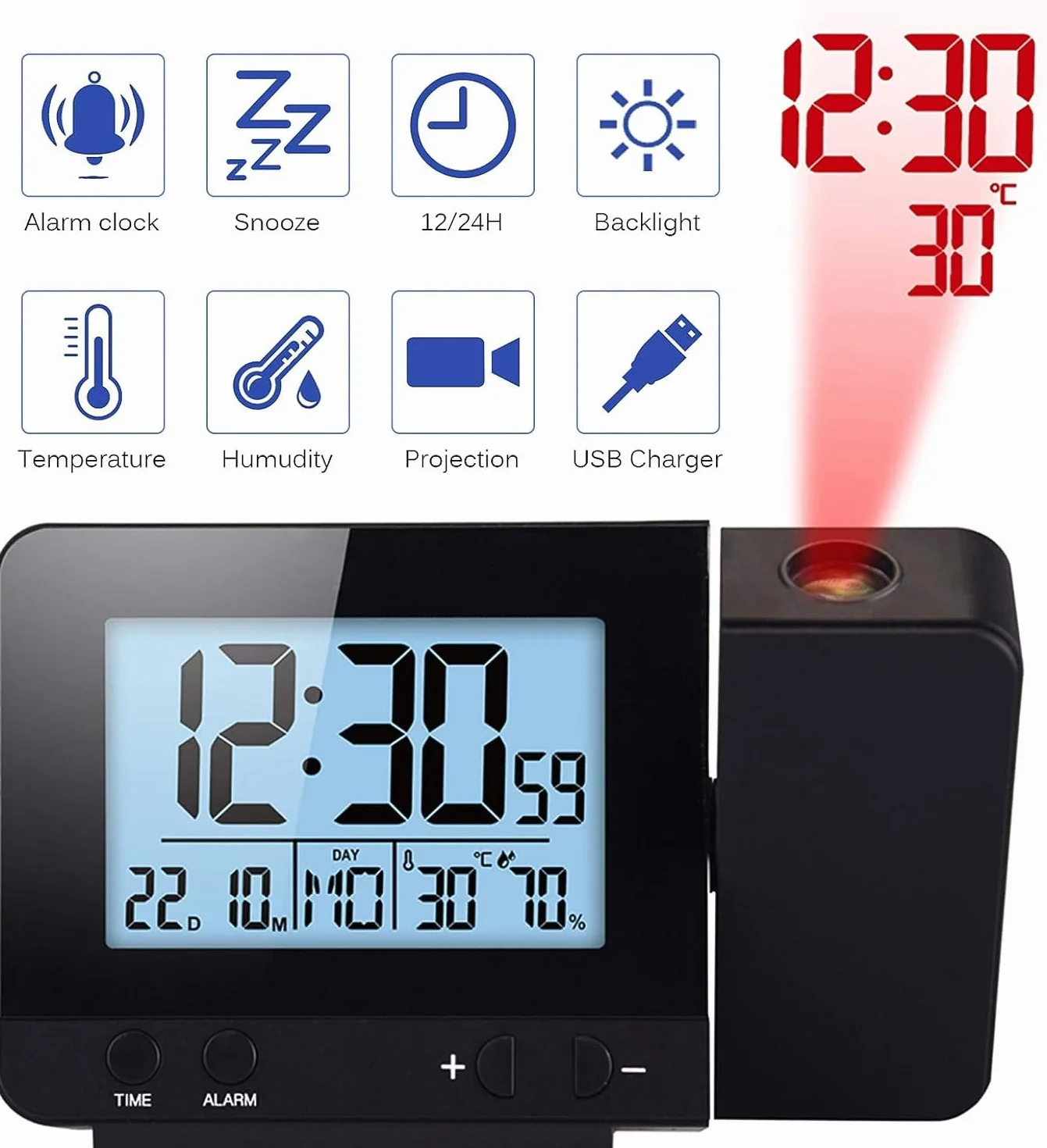 Despertador Digital De Proyección, Despertador con Proyector De Techo, Despertador De Mesita De Noche Digital con Temperatura Snooze Luminosidad Ajustable, Despertador Digital De Mesita De Noche