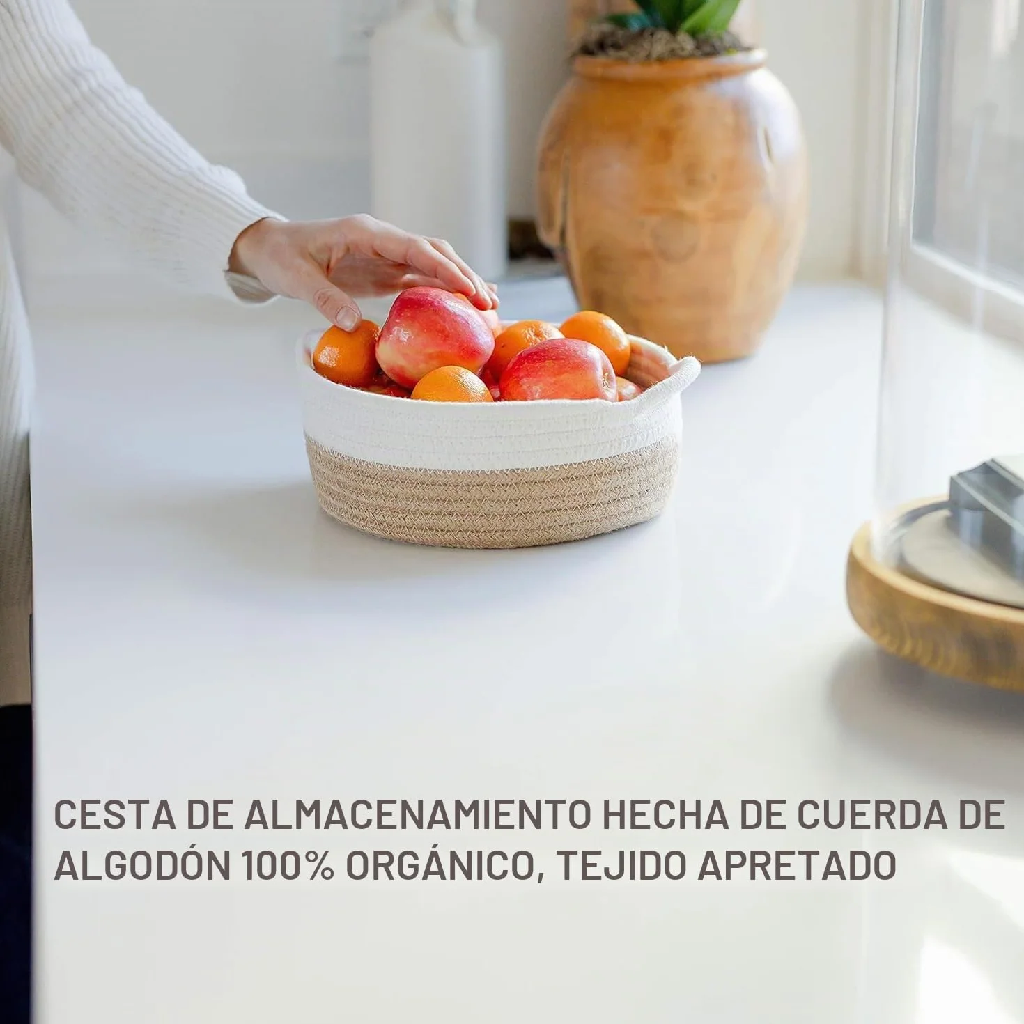 Juego de 5 Cestas Almacenaje de Cuerda de Algodón, Cestas Organizadoras con Asa, Cesta decorativa tejida