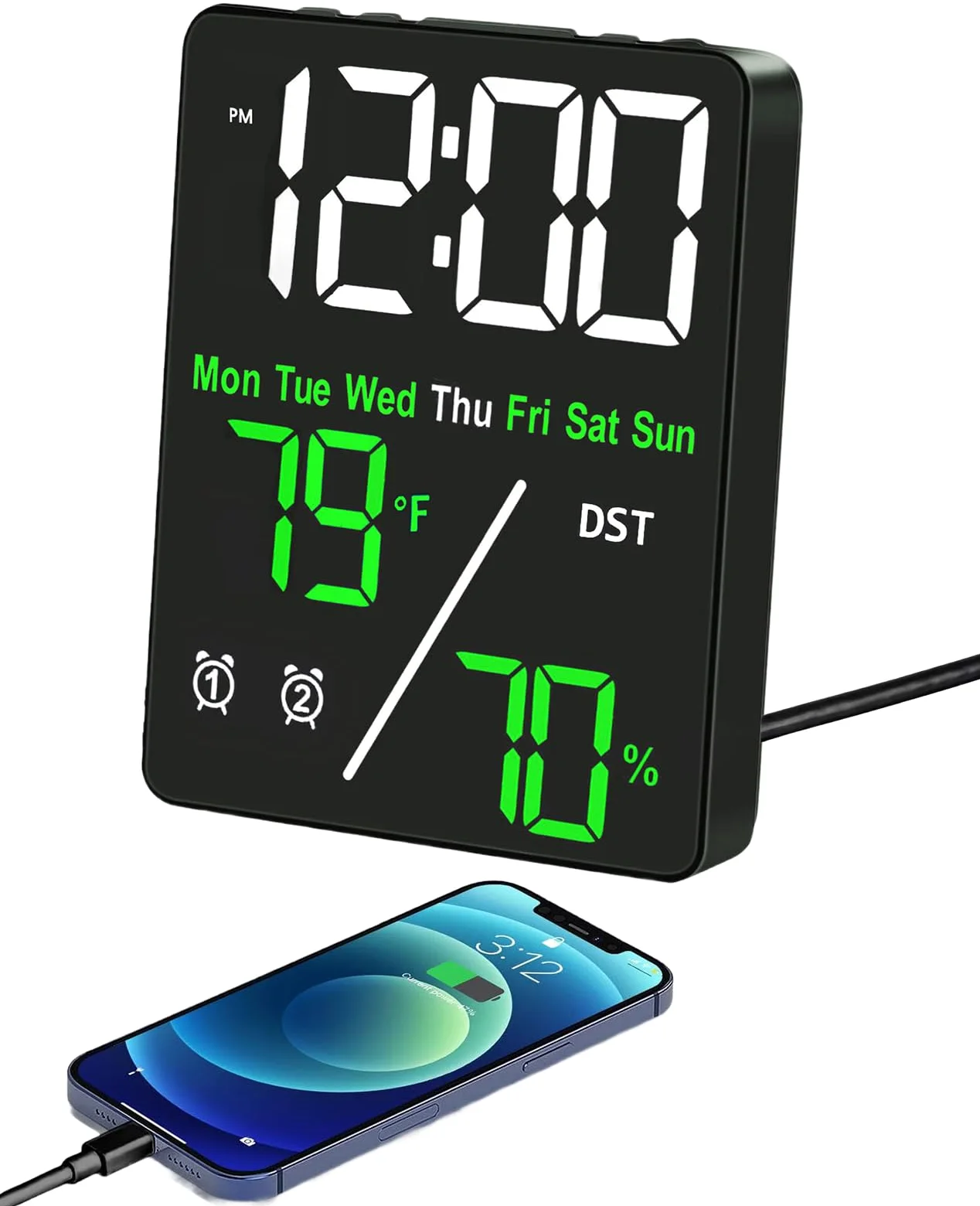 Reloj despertador digital LED con termohigrómetro, alarmas duales, repetición, visualización de fecha y año, interruptor de 12/24 horas, días de semana, DST, regulable automáticamente con 3 niveles de