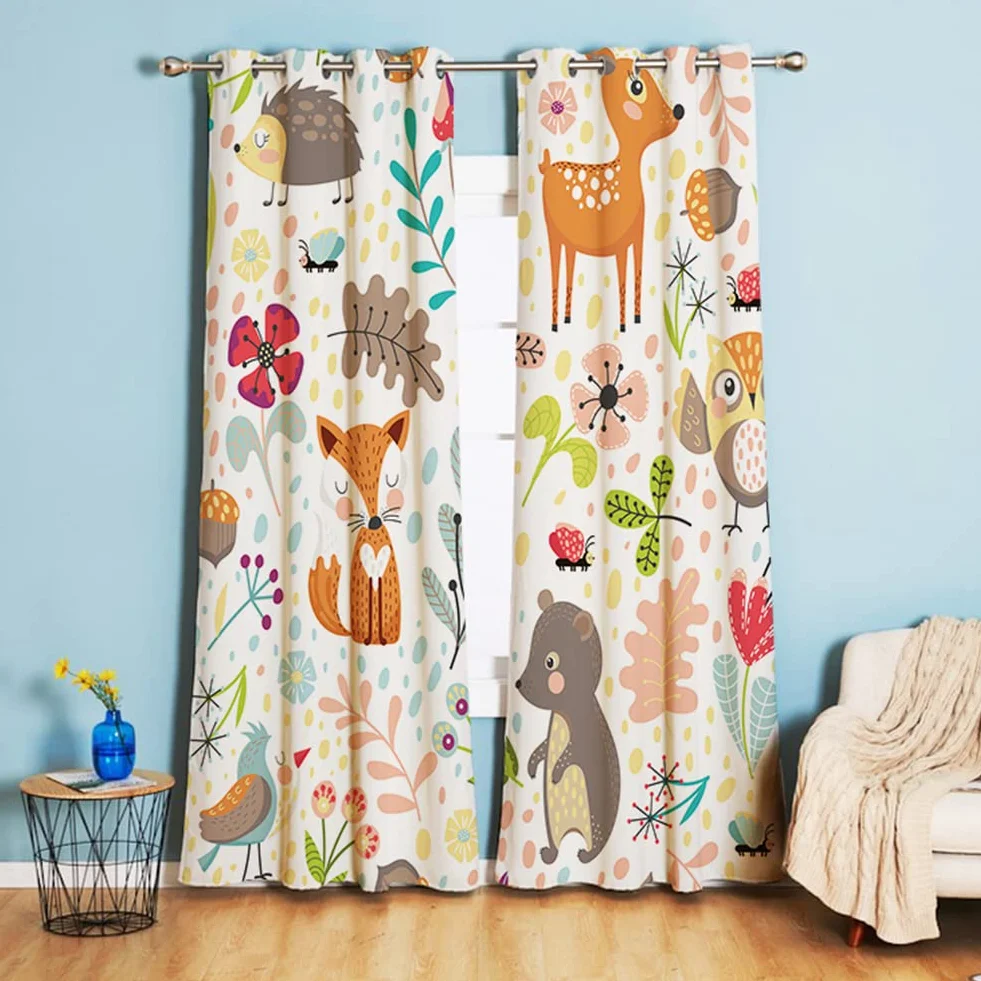 Cortinas opacas infantiles animales búhos flores ojales 160 x 132 cm
