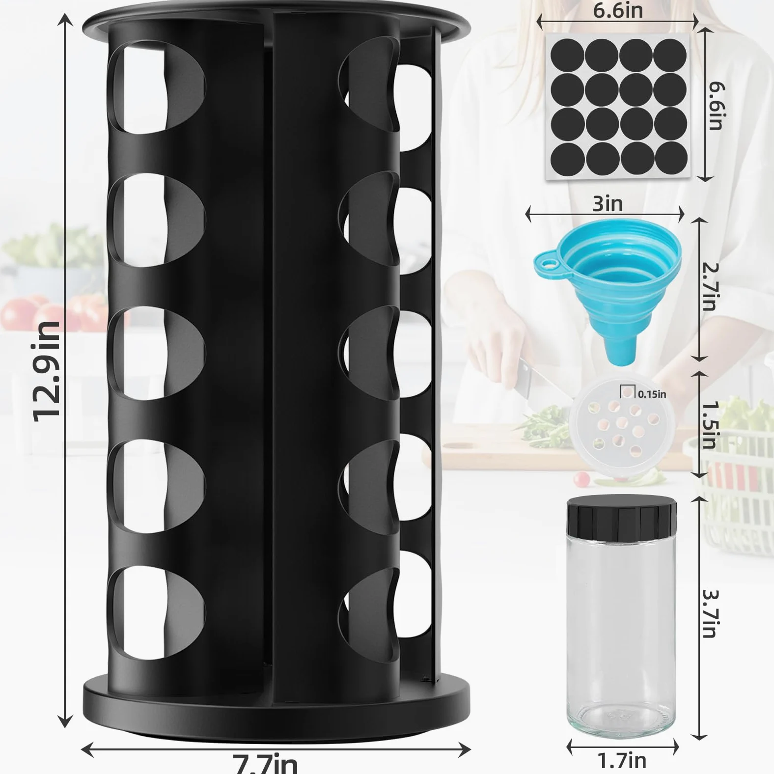 Estante giratorio de especias con 20 vasos de especias,Acero inoxidable | Estante giratorio, Con pegatinas, Funda plegable, Para placa de trabajo o armario