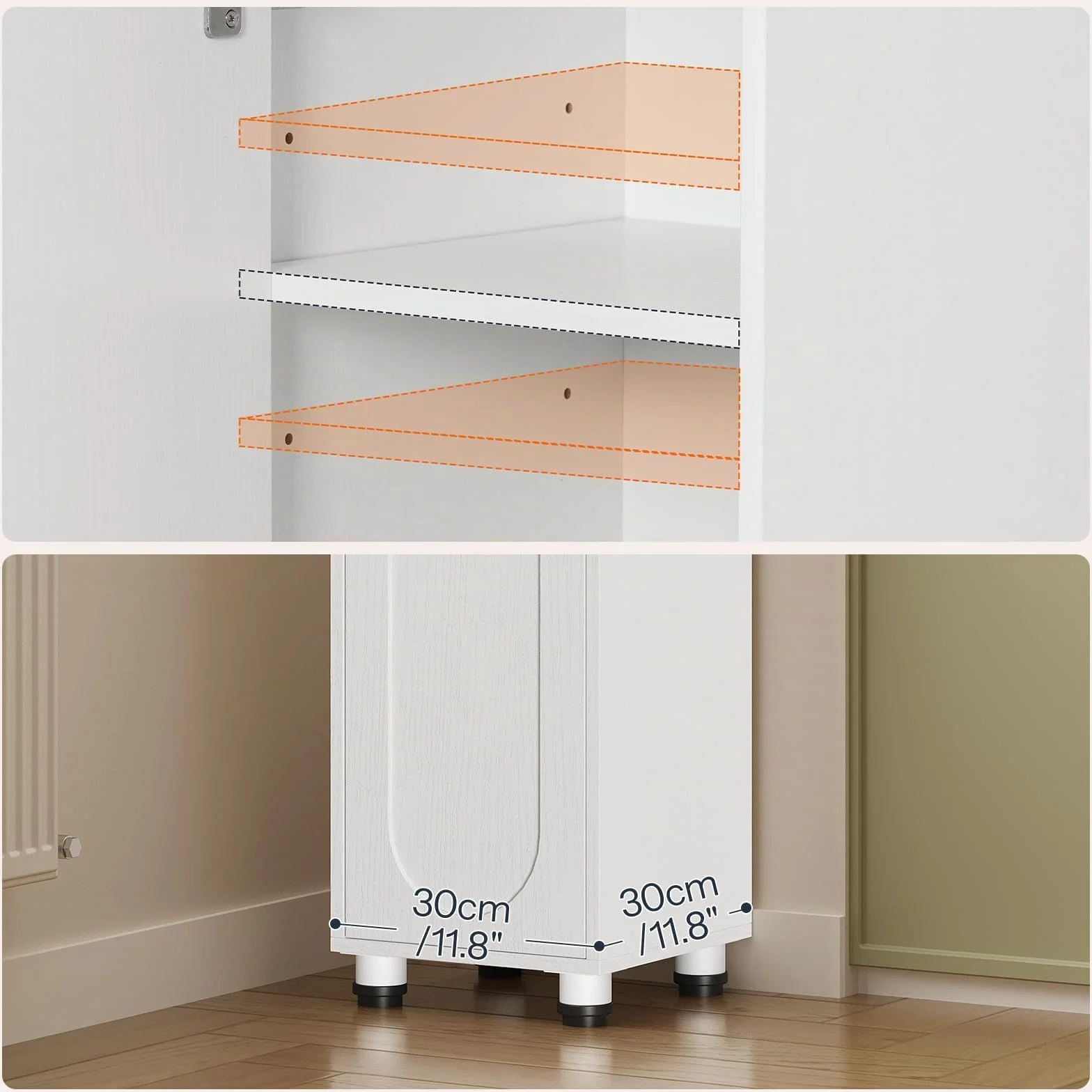HOOBRO Armario de Baño de 30 x 30 x 170 cm, Puertas y Estantes Interiores Ajustables, 1 Compartimento Abierto y 1 Cajón, para Espacios Reducidos, Baño, Pasillo y Cocina, Acabado en Blanco EWW22BC01