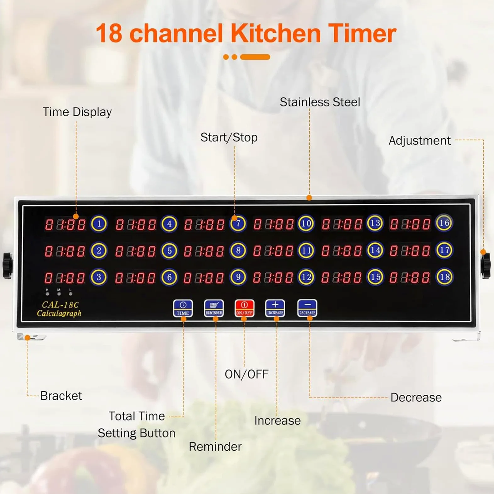 Temporizador de Cocina Comercial de 18 Canales, Temporizador Digital LED para cocinar, Volumen de Alarma Alto, con función de Memoria