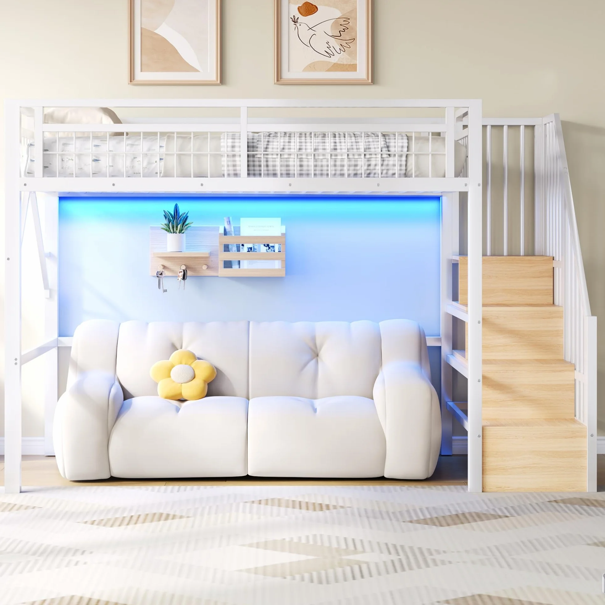 Lubvtti Cama alta de metal 90 x 200 cm con luz LED, cama individual tipo loft, espacio utilizable debajo de la cama, escalera de seguridad con espacio de almacenamiento, blanco (colchón no incluido)