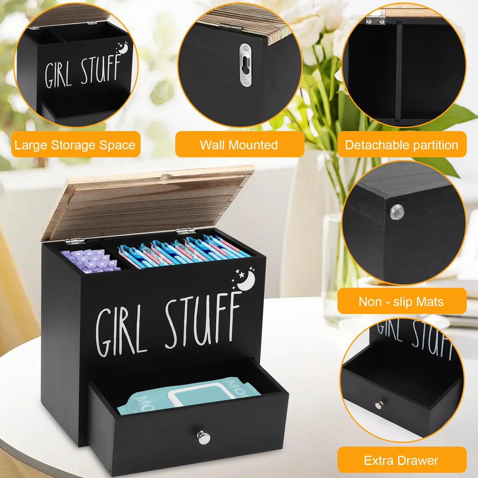 Caja Para Compresas y Tampones, 2 Compartimentos Caja Tampones con Tapa Organizador de Compresas y Tampones Dispensador de Almohadillas de Algodón para Baño, Tocador, Salón, Nergo