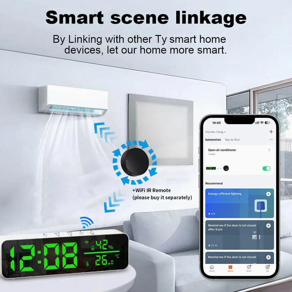 Reloj Digital Inteligente WiFi con Sensor de Temperatura y Humedad App Reloj Despertador Pantalla de Tiempo LED Termómetro Interior para Sala Estar Dormitorio Blanco