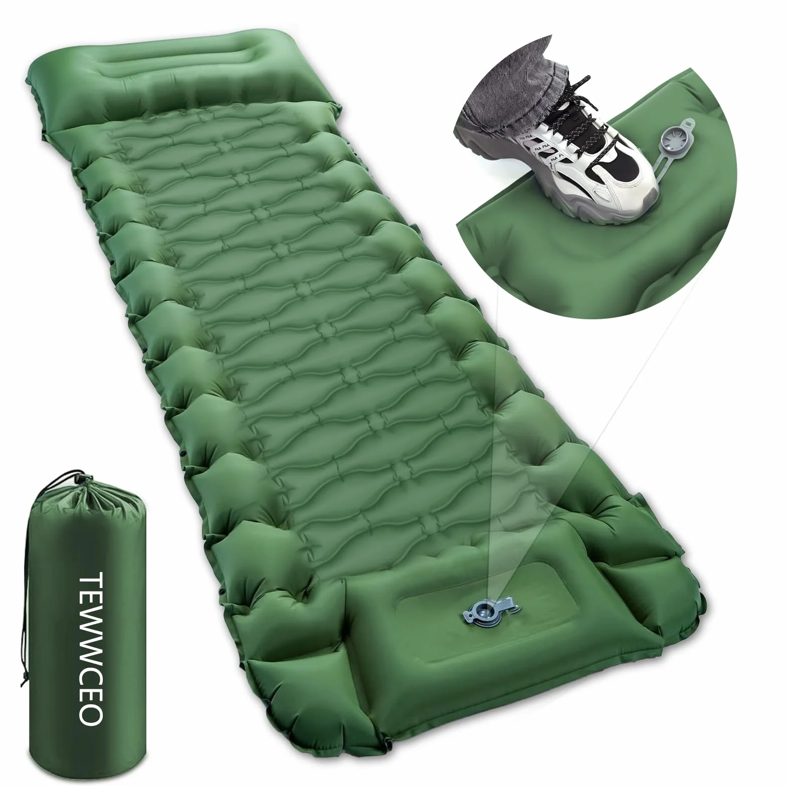 Colchón Hinchable Camping con Almohada y Bomba de Pie, Esterilla Hinchable para Dormir Senderismo, Verde