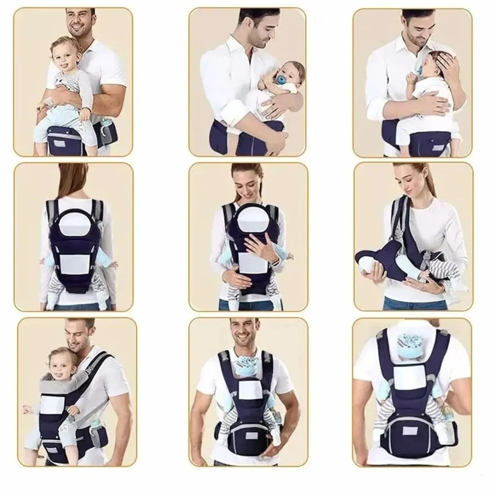 Mochila Portabebés Ergonómica 0-36 Meses Ajustable Soporte Lumbar Tirantes Acolchados Transpirable Algodón Suave Antialérgico Azul Marino