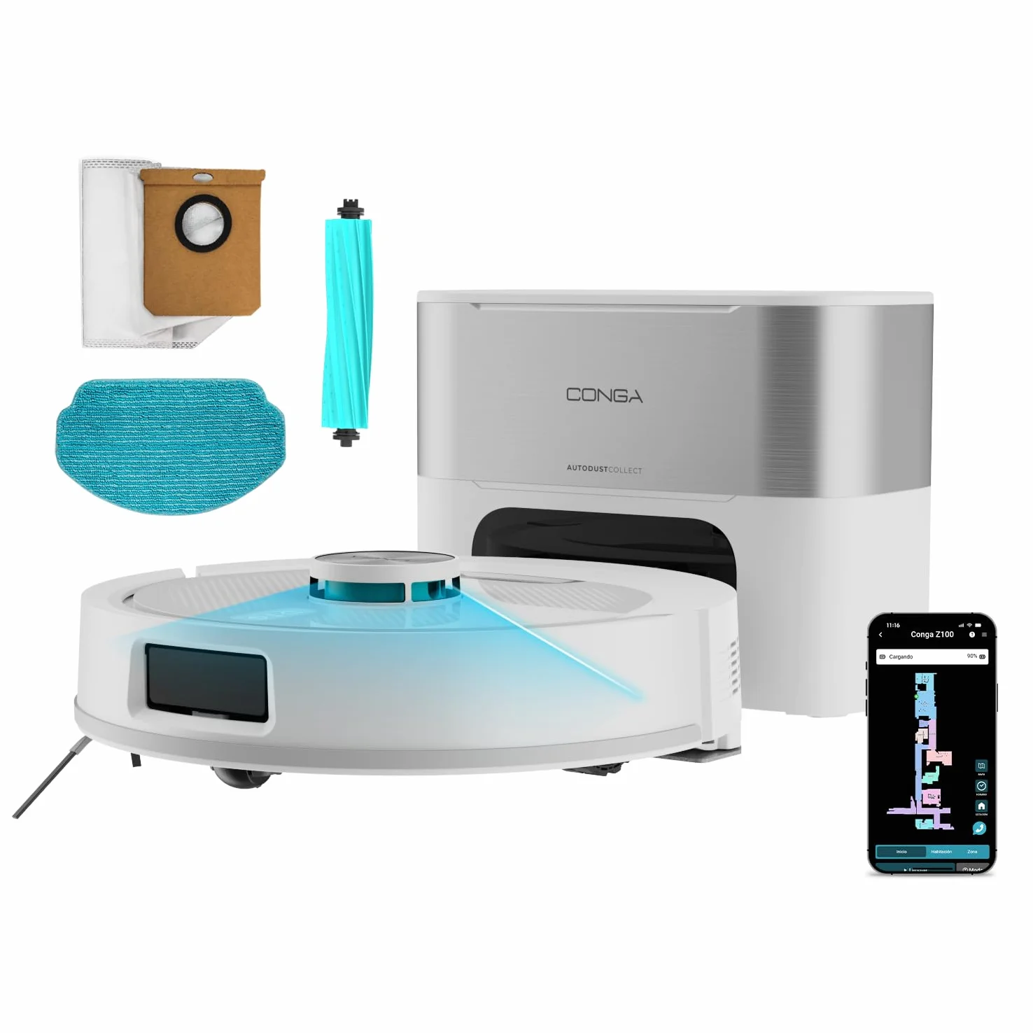 Cecotec Robot Aspirador - Base Autovaciado 3L - IA y Navegación Láser - 25000Pa - Conga Y90 Pearl. Autonomía 240mins en Modo Eco, Cepillo Silicona, Ideal Casas Mascotas, Bluetooth y WiFi, 2 Mopas