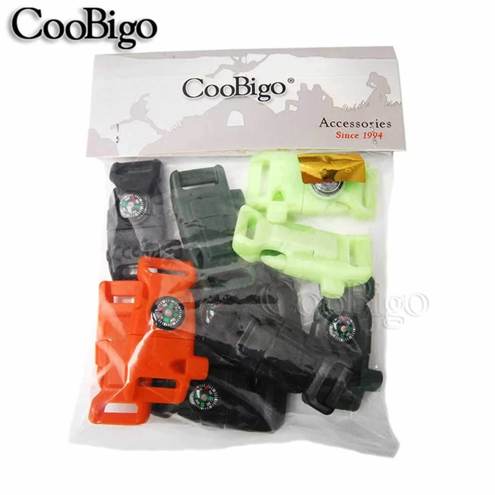 CooBigo Brújula 5/8 pulgadas, raspador de pedernal, iniciador de fuego, pulsera de paracaídas para camping y emergencia
