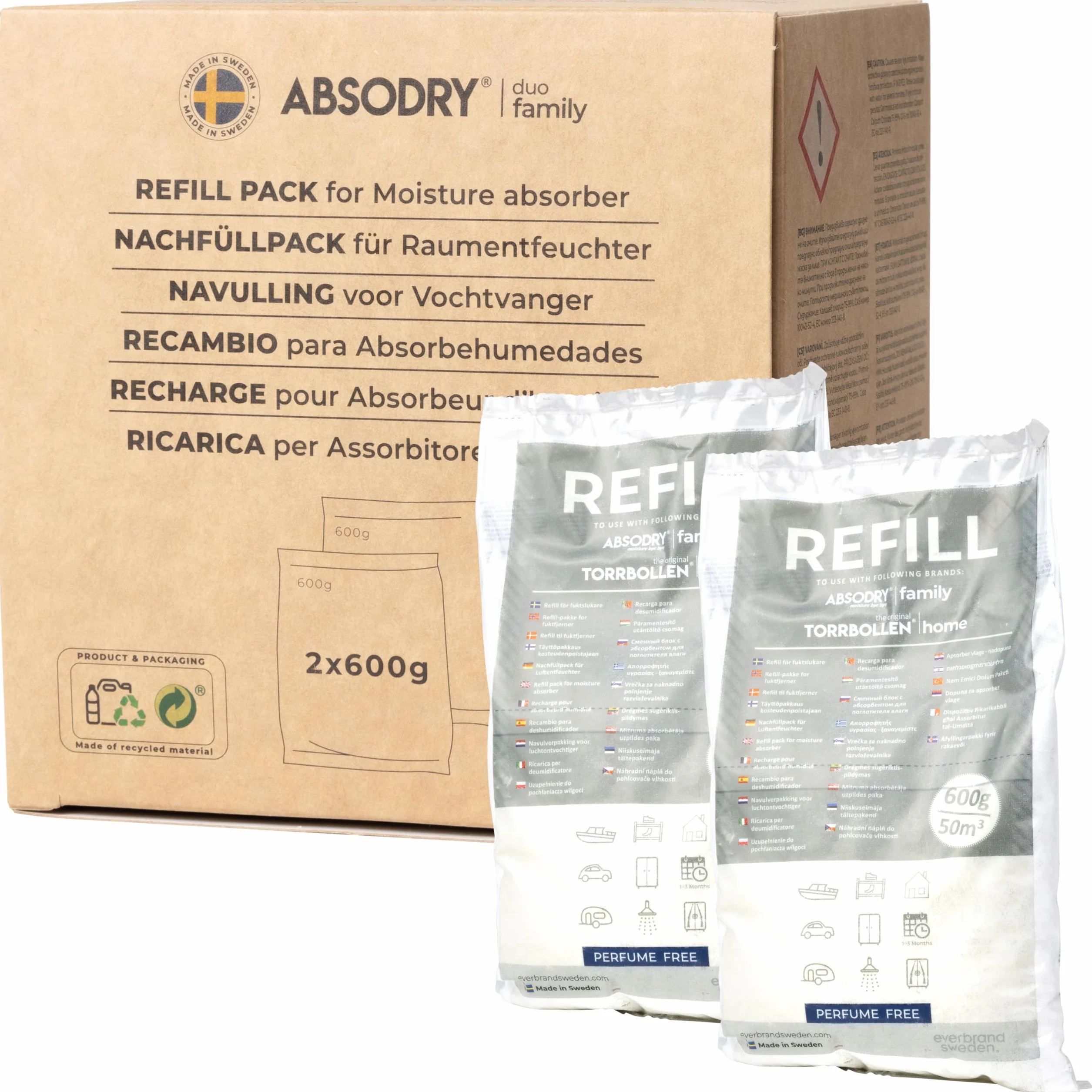 AbsoDry - Recambio Deshumidificador 2x600g - Compatible universalmente - Pastillas antihumedad recambio - Evita el olor y absorbe humedad - Absorbente de humedad en granulado