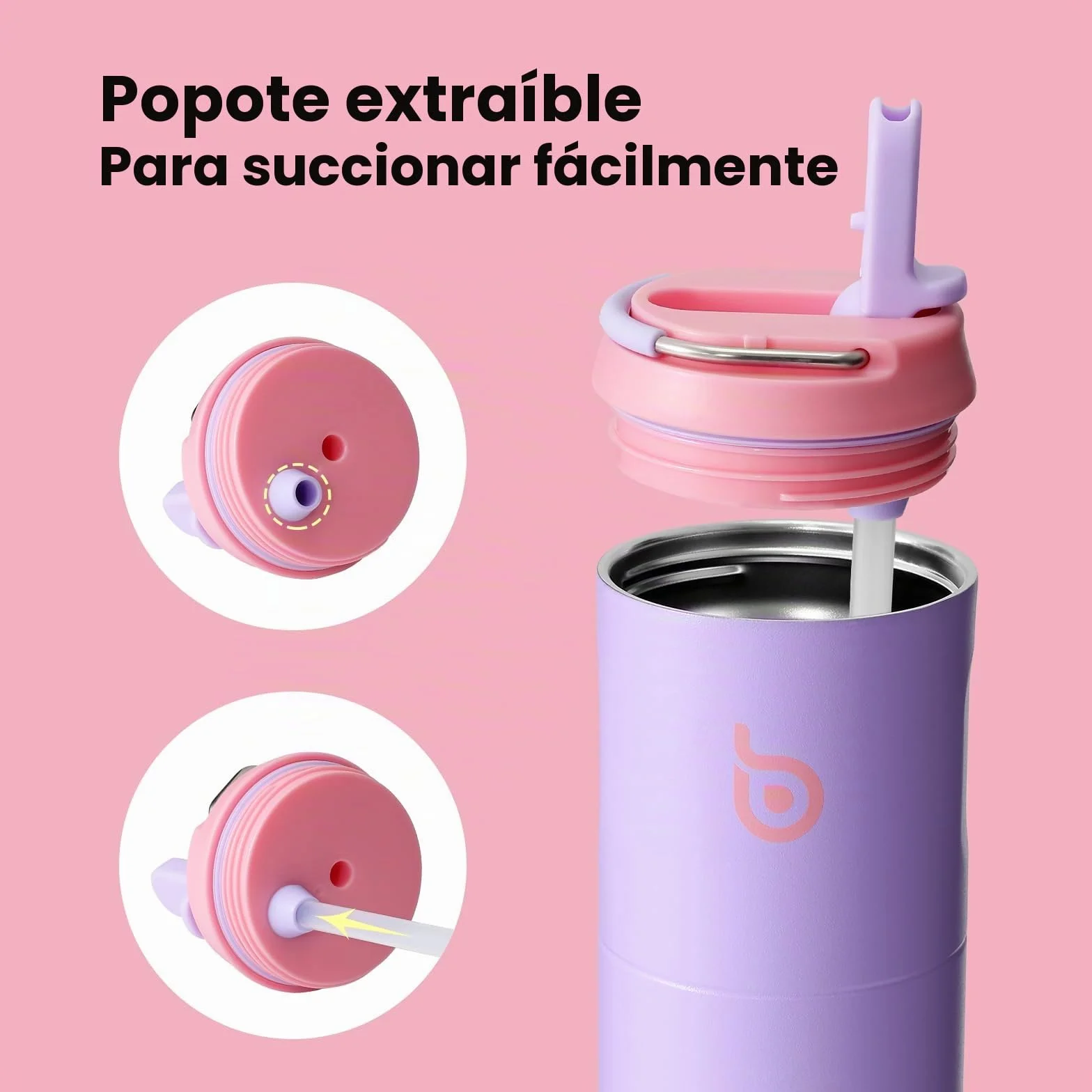 Botella de agua aislada de acero inoxidable 700 ml con popote, tapa y asa - para deportes, viajes, gimnasio (lila)