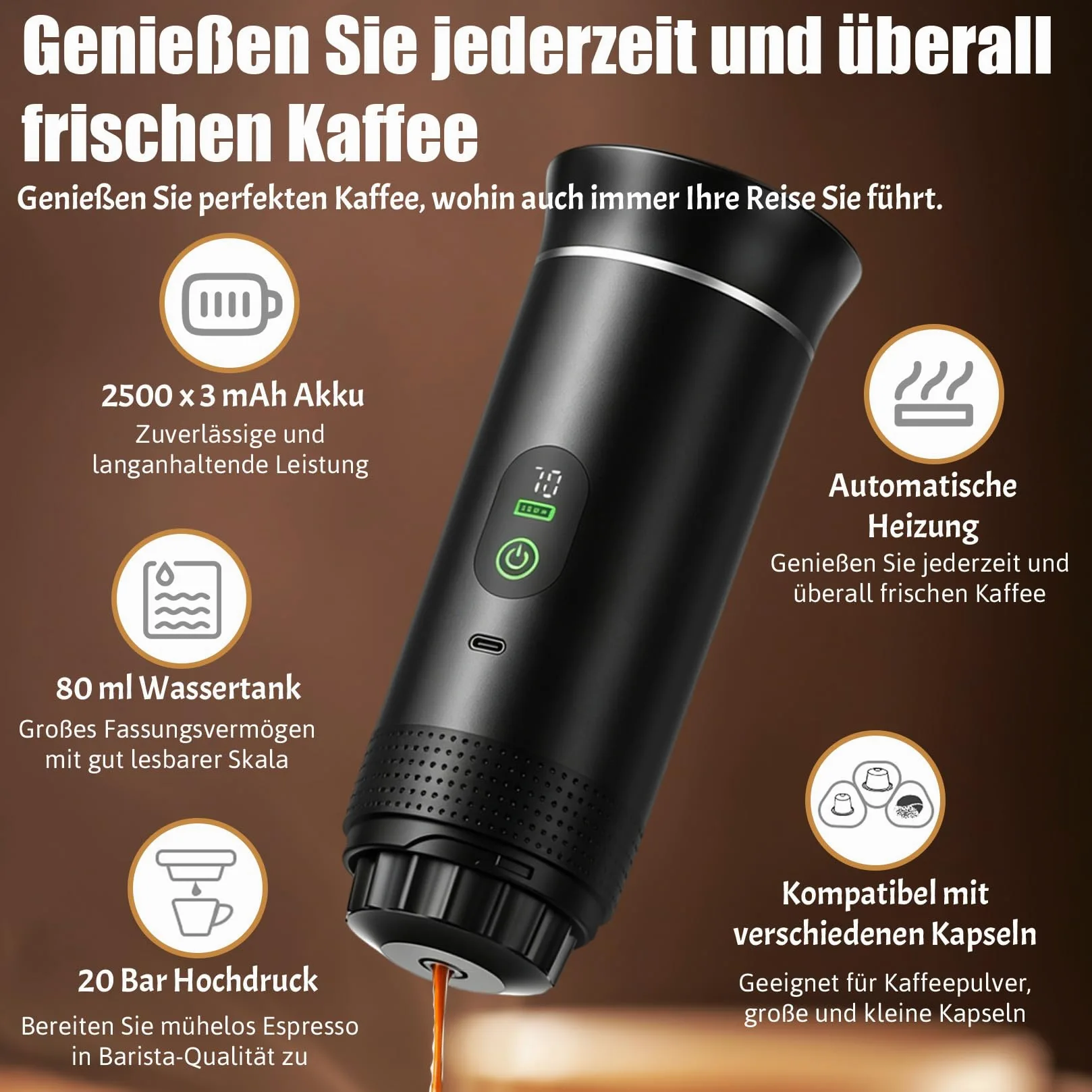 Cafetera espresso portátil 3 en 1, mini cafetera de viaje | Con Type-C, cafetera de viaje compatible con cápsulas y café molido, cafetera To Go para coche, oficina, camping