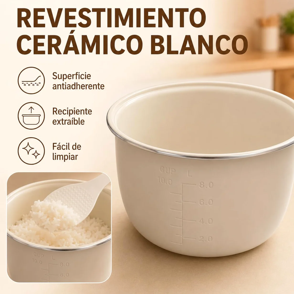 Don Feliz Arrocera Eléctrica 2 L para 1-4 Personas, Olla Arrocera Digital con 10 Programas, Cesta Vaporera, Temporizador 24 h, Mantener Caliente y Recipiente Antiadherente