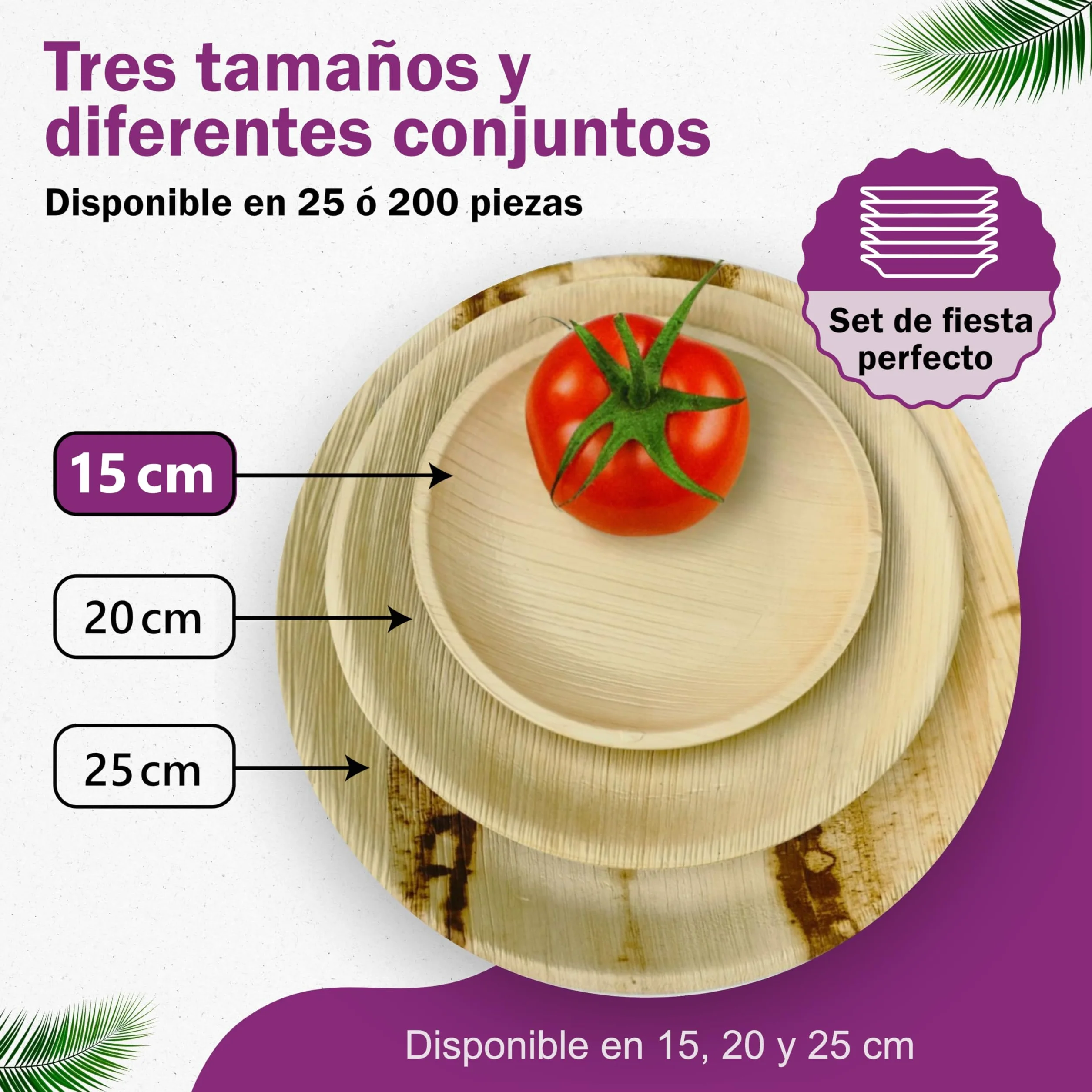 25 Platos Desechables de Hoja de Palma Orgánicos - Redondo Ø 15 cm - Vajilla Ecológica Elegante - Estable, Natural y Compostable - Menaje para Fiestas o Cocktail
