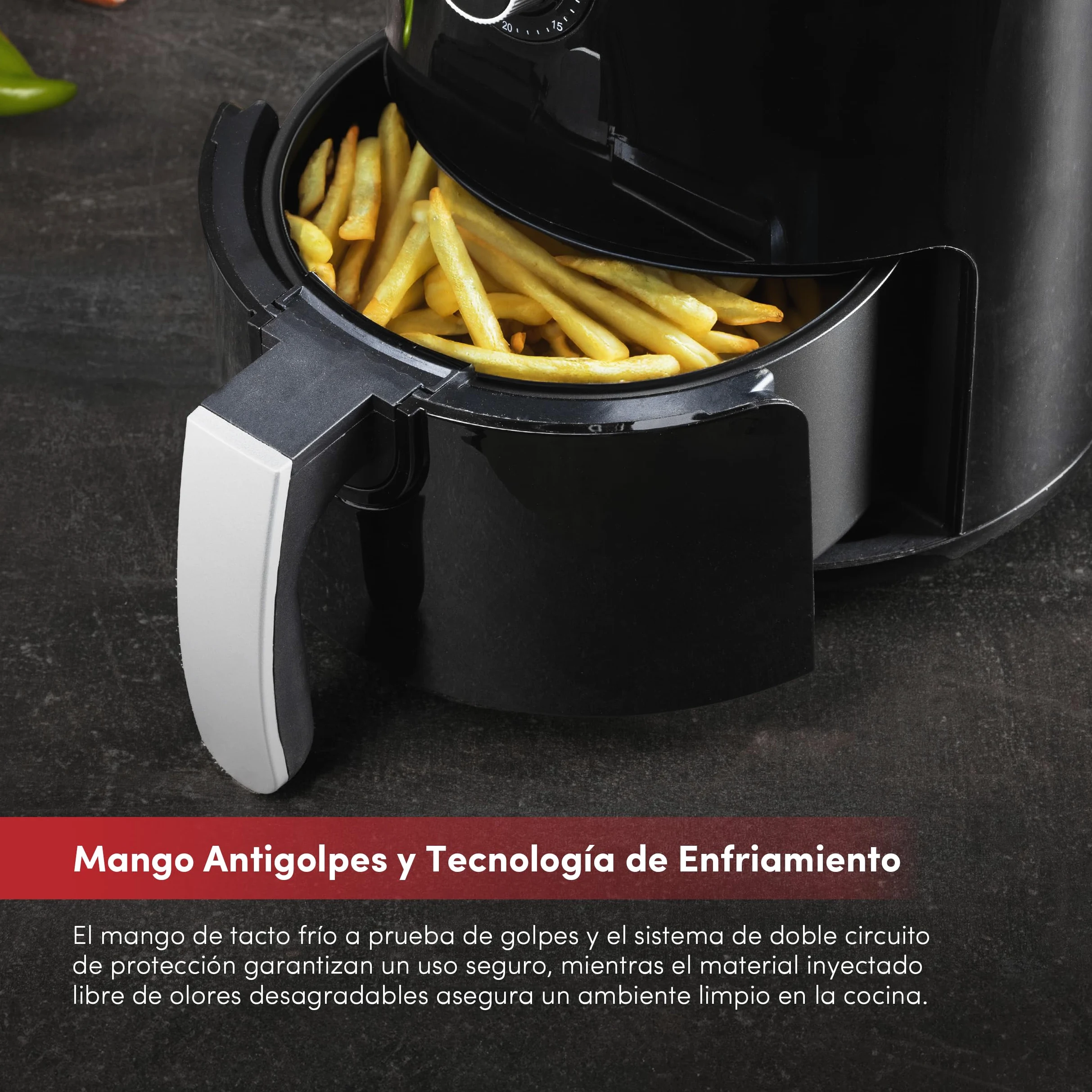 Freidora de aire 2.5L 1200W con temporizador de 30min y mango antideslizante SwissHome