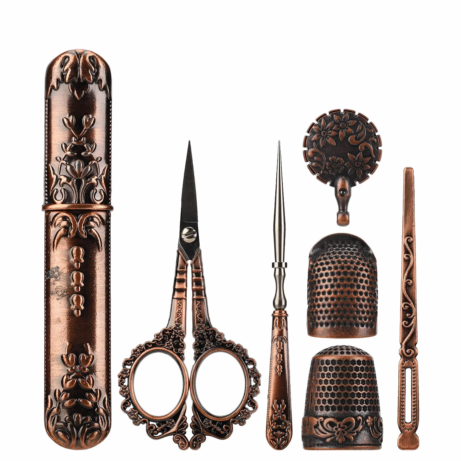 Kit de Tijeras de Bordar, Tijeras de Costura Vintage de Estilo Europeo de Acero Inoxidable, Kit de Costura Vintage con Estuche de Agujas de Coser Y Dedal para Manualidades, Costura, Costura(Bronce)