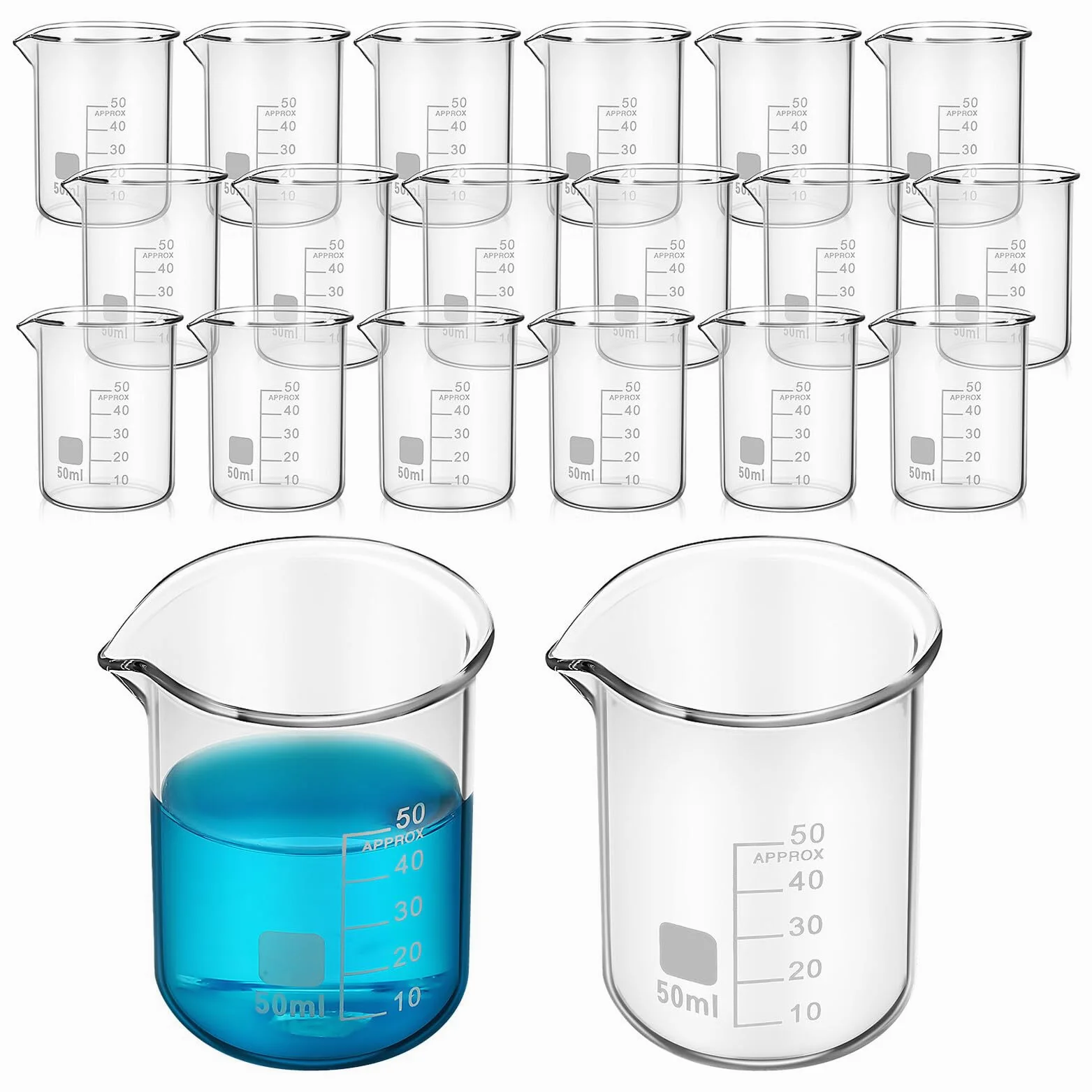 Sewroro 20 Vasos Medidores de Vidrio Borosilicato 50 Ml Resistentes y Estables para Suministros de Laboratorio Uso Versátil y Diseño Simple y Elegante