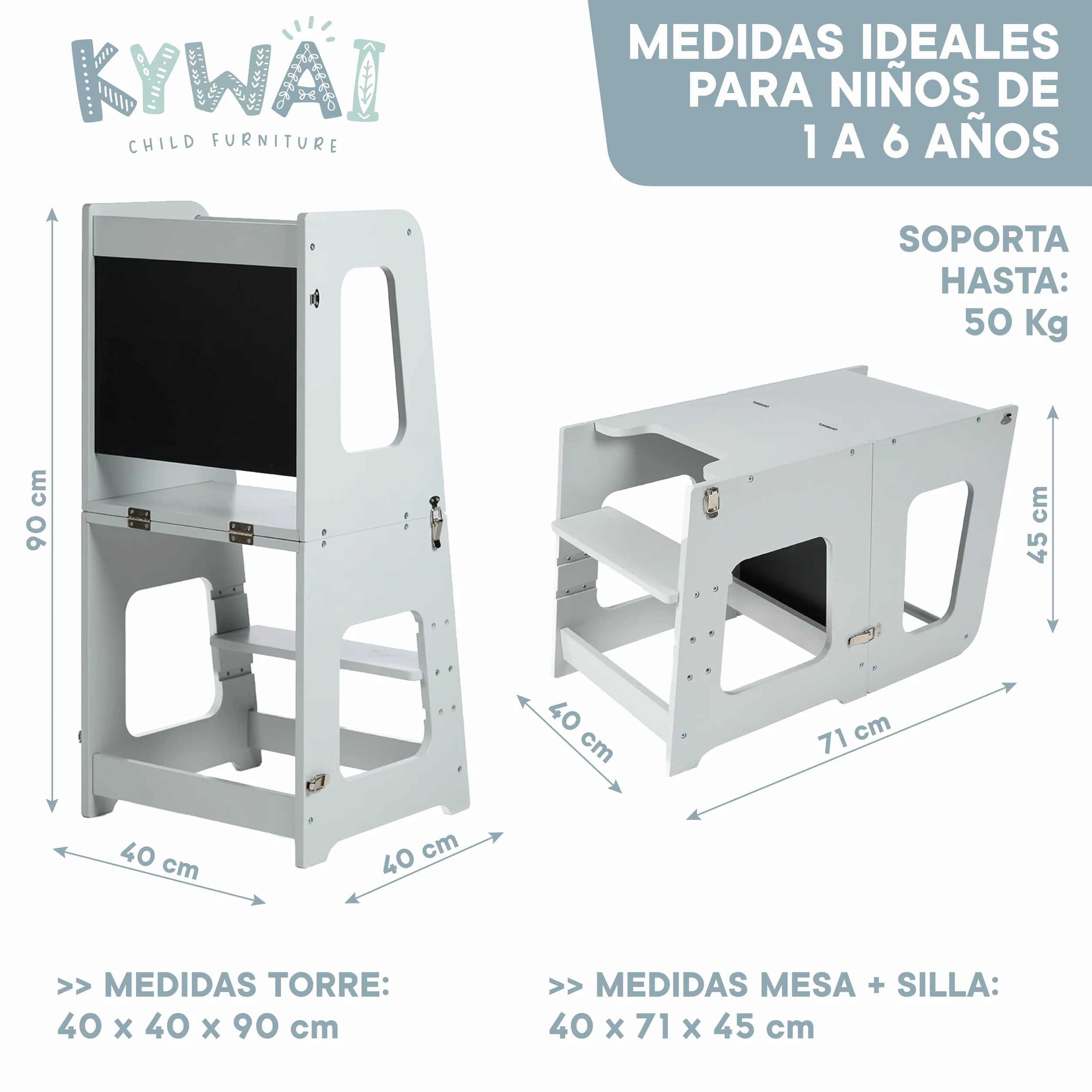 Torre de Aprendizaje Plegable Madera Premium 3 en 1 Convertible Mesa y Silla Escalón Ajustable Gris Perla
