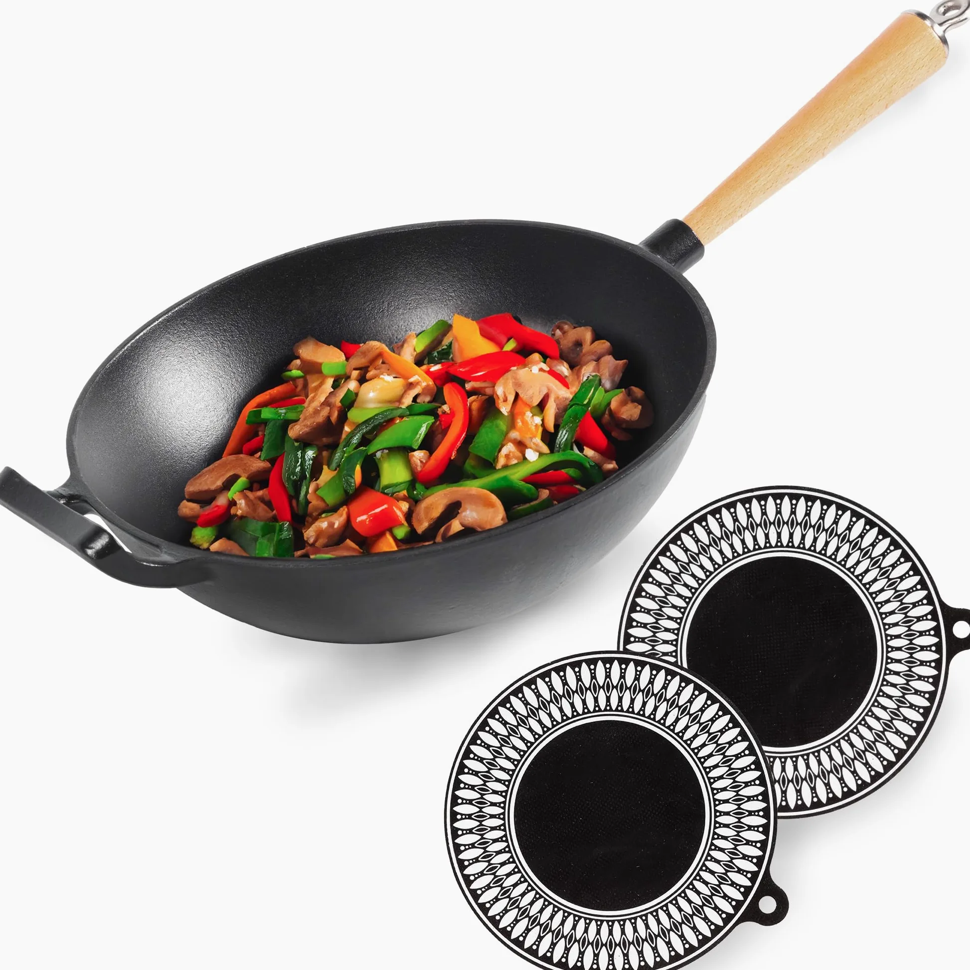 Wok de hierro fundido con revestimiento esmaltado, sartén antiadherente con mango de madera desmontable, utensilios de cocina, sartén de hierro fundido, wok antiadherente, 28 cm de diámetro