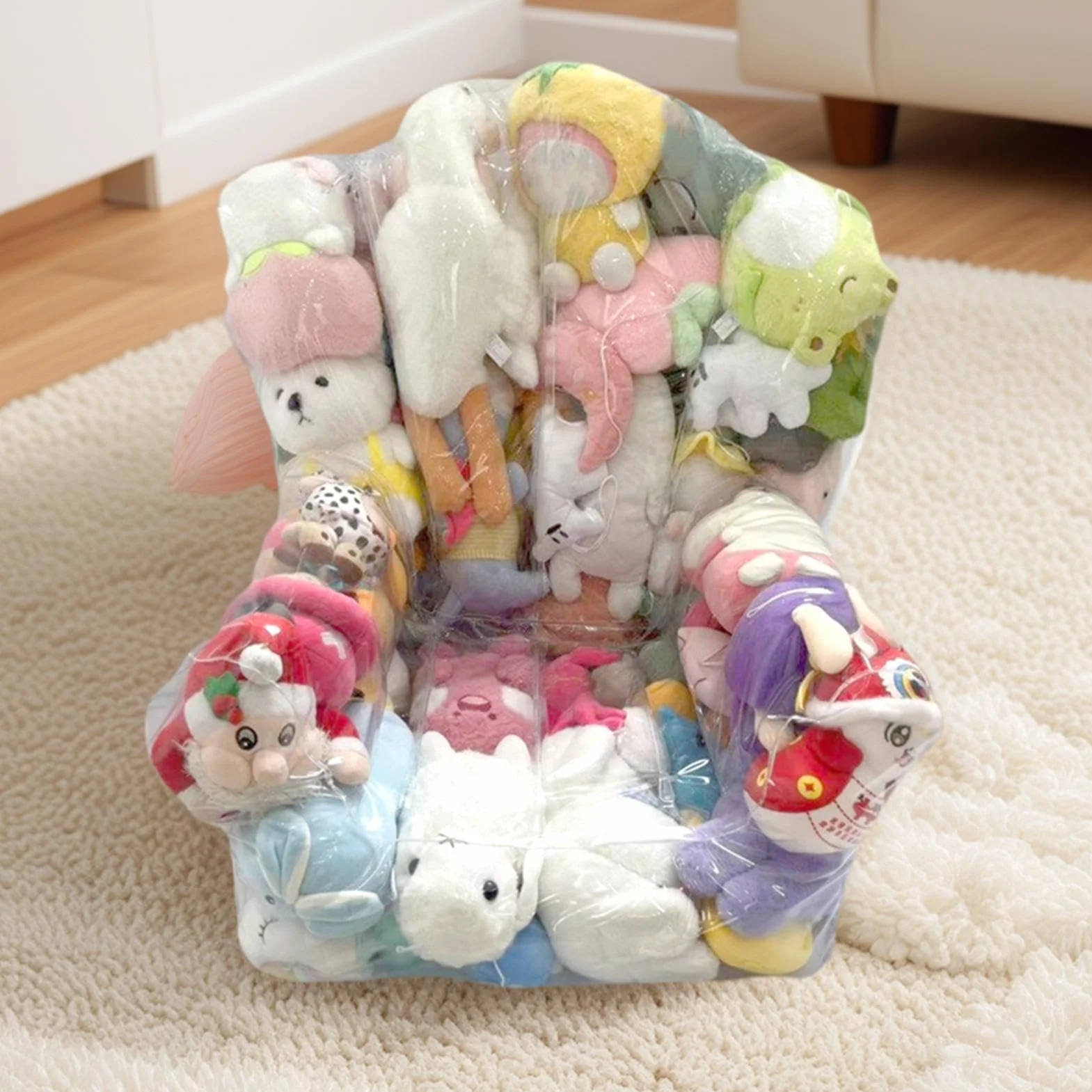 Almacenamiento De Peluches Puf - Saco Almacenamiento Peluches Transparente,Gran Sofá con Cremallera para Sala Cuarto Juego Aula Niños Niñas Jóvenes Preescolar