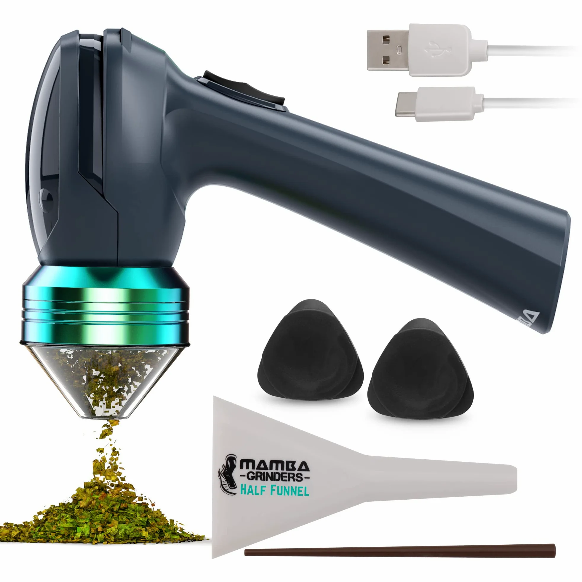 Mamba 1g 50mm Molinillo de Hierbas Eléctrico. Batería de Li-ion recargable por USB para una molienda rápida con una sola mano. Interruptor basculante en dos direcciones para la trituración eficaz
