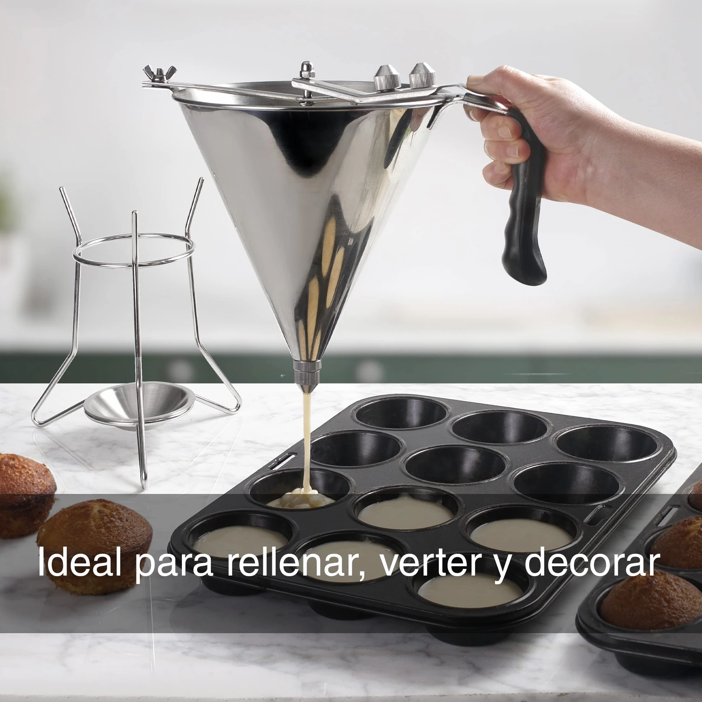 LACOR 67150 Embudo dosificador de Acero Inoxidable 18/10 con Sistema de Palanca para un caudal Ajustable, 2'00 L