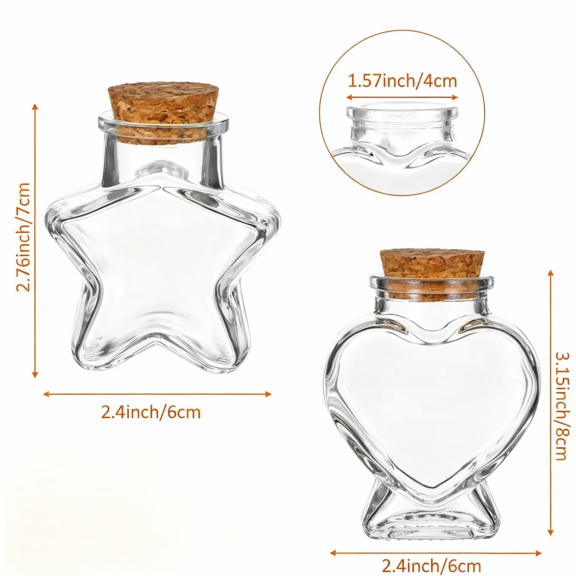Huba 2 tarros decorativos en forma de corazón, pequeñas botellas de cristal decorativas con tapa de corcho para manualidades, decoración