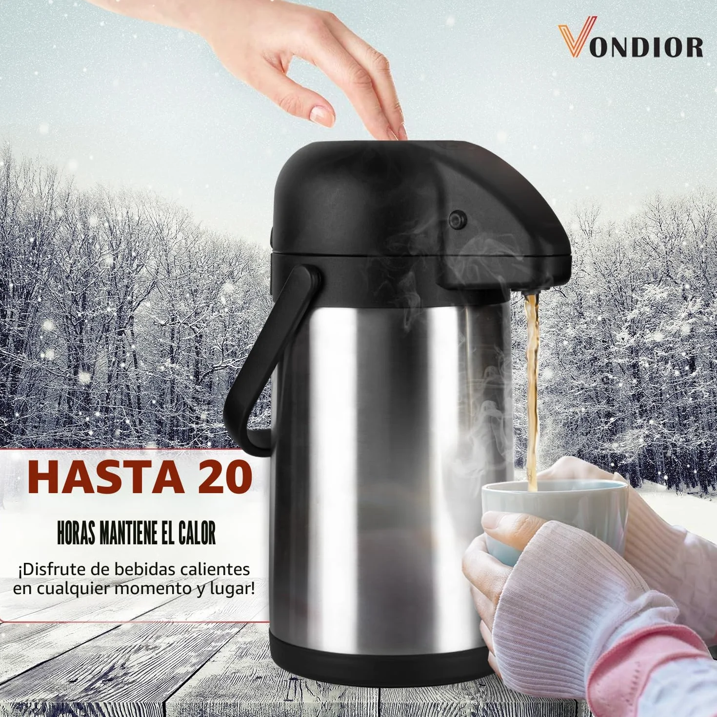 Vondior Airpot Jarra de 1,9 litros – Jarra de café profesional aislada de acero inoxidable, termo, dispensador de bebidas térmicas, adecuado para bebidas de fiesta